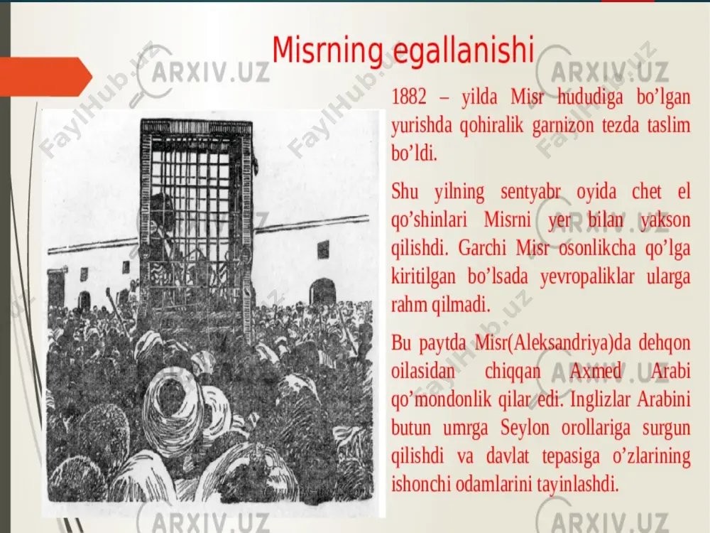 frantsuzlar 1798-yilda misrni bosib olganlaridan so’ng napoleon bonapart o’zini mamluklar zulmiga qarshi kurashuvchi qilib ko’rsatib, allohni, uning payg’ambarini va quronni hurmat qilishini ta’kidlasa ham, frantsuzlar misr shahar va qishloqlarini mamluklarga nisbatan ko’proq talay boshladilar. 1798-yil oktabrda qohirada al-ahzar machiti shayxlari rahbarligida frantsuzlarga qarshi qo’zg’olon bo’ldi. napoleon bu qo’zg’olonni qiyinchilik bilan bostirdi. 1800-yil martida qohirada yana qo’zg’olon ko’tarilib, aholi bu yerdagi uncha katta bo’lmagan frantsuz garnizonini qirib tashladi. qo’zg’olonchilar bir oy davomida shaharni qamal qilib turgan frantsuz qo’shinlariga qarshi kurash olib bordilar. 1801-yilda frantsuzlarning ekspeditsion qo’shinlari angliya va turkiyaning qo’shinlari oldida taslim bo’lgach, turklar bilan mamluklar o’rtasida kurash qizib ketdi. lekin frantsuz bosqinchilaridan xalos bo’lgan misrliklar turk yoki mamluklar hukmronligi ostiga tushishni istamas edilar. bu vaqtda qohirada napoleonga qarshi kurashish uchun usmoniylar armiyasi tarkibida misrga kelgan muhammad ali boshliq alban o’qchilari korpusi katta rol o’ynadi. kuchlar nisbatini to’g’ri baholay olgan muhammad ali al-ahzar shayxlari bilan kelishish yo’liga o’tdi. o’zlarining harbiy tashkilotiga …