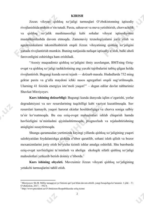 surslari kamayib, yuqori harorat ekinlar hosildorligiga va chorva soniga salbiy ta’sir ko‘rsatmoqda. bu esa oziq-ovqat mahsulotlari ishlab chiqarish hamda havfsizligini ta’minlashni qiyinlashtirmoqda, prognozlash va rejalashtirishning aniqligini susaytirmoqda. shunga qaramasdan yurtimizda keyingi yillarda qishloq xo‘jaligining yuqori salohiyatidan foydalanishga alohida e’tibor qaratilib, sohani isloh qilish va bozor mexanizmlarini joriy etish bo‘yicha tizimli ishlar amalga oshirildi. shu barobarda oziq-ovqat xavfsizligini ta’minlash va aholiga ekologik sifatli qishloq xo‘jaligi mahsulotlari yetkazib berish doimiy e’tiborda.[footnoteref:2] [2: http://www.prezident.uz/o‘zbekiston respublikasida soliq tizimi] kurs ishining obyekti. mavzuimiz jizzax viloyati qishloq xo‘jaligining yetakchi tarmoqlarini tahlil etish. kurs ishining predmeti. mavzuimiz predmeti jizzax viloyati, uning qishloq xo‘jaligining yetakchi tarmoqlarini tahlil etish usullari va metodlari hisoblanadi. kurs ishining maqsadi: jizzax viloyatining qishloq xo‘jaligining yetakchi tarmoqlarini iqtisodiy ko‘rsatkichlarini namoyon etish, ijtimoiy ishlab chiqarish darajalari bo‘yicha umumlashtirish va mehnatkashlarning iqtisodiy manfaatlariga to‘g‘ri yo‘nalishda samarali ta’sir etishini tahlil etish ishimiz maqsadidir. kurs ishining vazifasi maqsadidan kelib chiqib quyidagilar hisoblanadi: · o‘zbekistonda qishloq xo‘jaligining ahamiyati va …