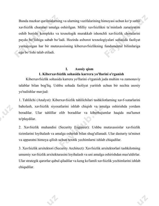 sm . kiberjinoyat bugungi kunda global axborot maydonida kiber makon bilan bog‘liq yangidan-yangi tahdidlar yuzaga kelmoqda. shu bois virtual olamdagi hujumlardan himoyalanish masalasi dunyo hamjamiyatini jiddiy tashvishga solmoqda. ichki ishlar vazirligi akademiyasida o‘tkazilgan ilmiy-amaliy konferensiya kiber makonda sodir etilayotgan jinoyatlarga qarshi kurashishning dolzarb muammolariga bag‘ishlandi. anjumanda qator vazirlik, idora va tashkilotlar, huquqni muhofaza qiluvchi organlar vakillari, yetakchi oliy ta’lim muassasalari va ilmiy-tadqiqot institutlaridan mutaxassislar, axborot texnologiyalari bo‘yicha ekspertlar, shuningdek ommaviy axborot vositalari xodimlari ishtirok etdi. anjuman avvalida ichki ishlar vazirligi akademiyasi boshlig‘i, polkovnik rustam xatamov so‘z olib, axborot xavfsizligini ta’minlash va kiber jinoyatlarga qarshi kurashishda yuzaga kelayotgan muammolar, sohani malakali kadrlar bilan ta’minlash istiqbollari haqida to‘xtaldi. 3. o'zbekiston respublikasi kiberxavfsizlik va muhim axborotinfratuzilmasi obyektlarining kiberxavfsizligini ta'minlash darajasini baholash o'zbekiston respublikasida kiberxavfsizlik va muhim axborot infratuzilmasi obyektlarining kiberxavfsizligini ta'minlash darajasini baholash bir qancha omillarga bog'liq. ushbu omillar quyidagilarni o'z ichiga oladi: qonunchilik va tartibga solish: o'zbekistonda kiberxavfsizlikni ta'minlash uchun qabul qilingan …