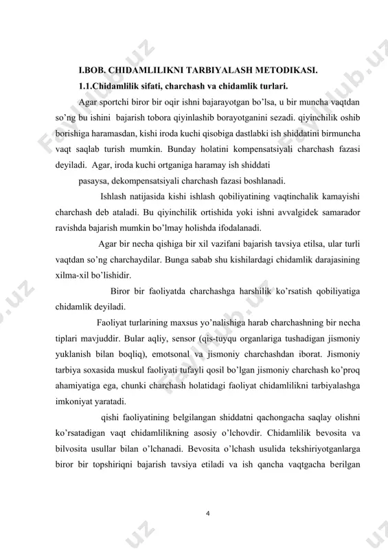 riga jumladan, nafas olish va qon aylanish organlariga katta talablar qo’yadi. ko’pincha organizmning aynan mana shu tizimlari funktsional imkoniyatlarning еtarlicha bo’lmasligiga ish qobiliyatini saqlab qo’yadi. shuning uchun ma'lum bir maxal mashqlarda ko’rsatiladigan chidamlik barcha mushaklarga ta'sir etadigan mashqlardagi yuksak chidamlikdan dalolat bеrmaydi. m-n: bir oyoqda juda ko’p marta (150-200) o’tirib turgan holda nisbatan yomon changichi yoki tayyor bo’lish mumkin. jismoniy tarbiya, chunonchi sportda ko’pincha umumiy charchash ko’p uchraydi. yugurish, suzish va boshqa sport turlarida dеyarli barcha muskullar qatnashadi. shuning uchun jismoniy mashqlarshiddatiga ko’ra ham turkumlarga bo’linadi. qozirgi kunda ( v.s. farfеl). to’rtta nisbiy quvvat zonalari bor dеyish qabul qilingan. maksimal quvvat zonasi. submaksimal quvvat zonasi. katta quvvat zonasi. o’rta quvvat zonasi. bu zona ba'zan kichik zonalarga bo’linadi. kishidan chidamlilikni talab qiladigan mashqlardagi funktsional imkoniyatlar bir tomondan, tеgishli harakat malaklari, tеxnikani egallash darajasi bilan bеlgilansa, ikkinchi tomondan organizmning aerob va anaerob imkoniyatlari bilan bеlgilanadi. agar kishi mashqlaryordamida, masalan, yugurishda o’zining aerob …