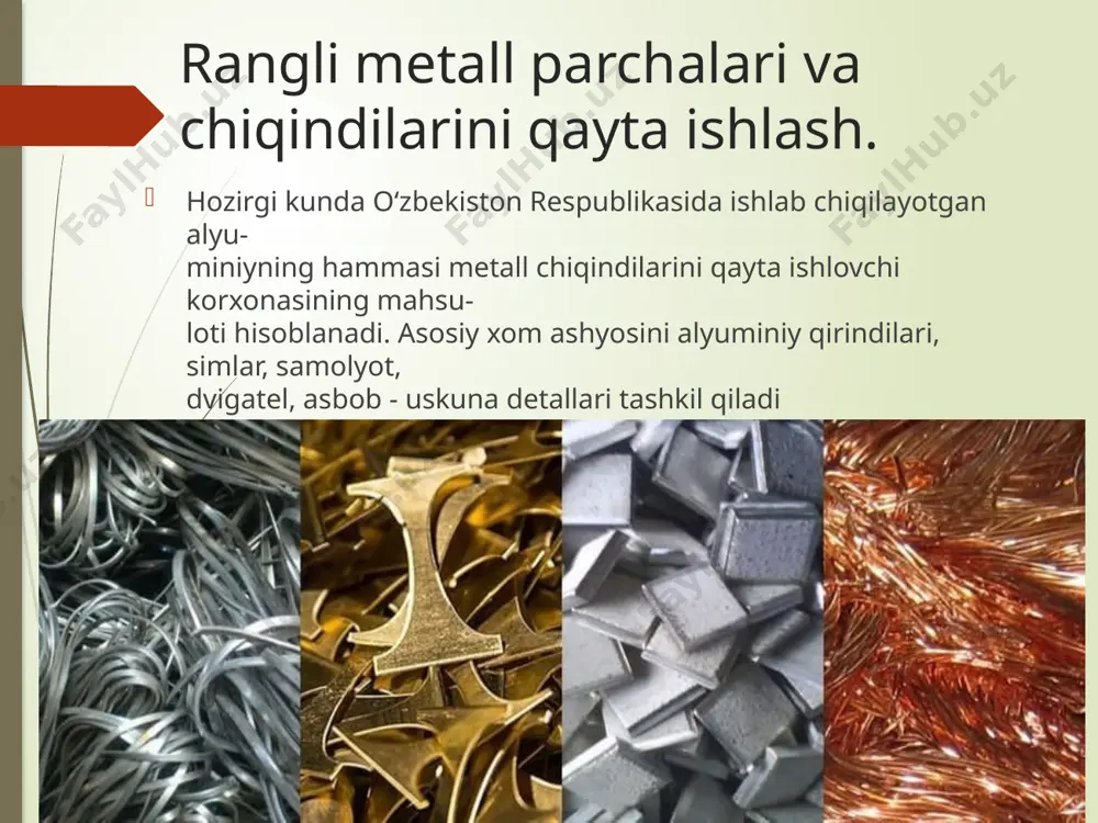 tozalash mahsulotlari va artishmateriallari. davlat standartiga muvofiq hamma mis tarkibli xom ashyolar kimyoviy tarkibidanqattiy nazar uch guruhga bo‘linadi.misli xom ashyolarga i va ii guruhlar kiradi: i guruhga - tarkibida misni miqdori 99,5 foizdan ko‘p qalay bilan qoplanmagan vakavsharlanmagan mis, ii guruhiga - m0 - m4 markalariga to‘g‘ri keladigan qalaylangan vakovsharlangan mis kiradi.. foydalanilgan adabiyotlar 1.www.fayllar.org 2.www.xozir.org 3.www.wikipediya.com image1.png image2.jpeg image3.png image4.jpeg image5.jpeg image6.jpeg /docprops/thumbnail.jpeg