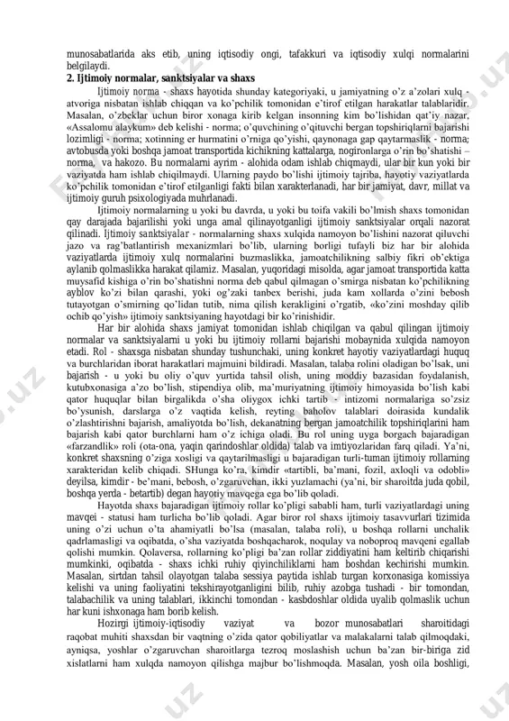 gan natijalardan keltirilgan. musiqiy qobiliyatlardagi irsiy xususiyatlar ota - onalar bolalar musiqaga moyil musiqaga moyil emas musiqaga moyil 85 % 7 % musiqaga moyil emas 25 % 58 % egizaklardagi musiqaga moyillikning korrelyatsion ko’rsatgichi ham yuqori bo’lib (p 0.7), egizak bo’lmaganlardan ancha farq qiladi (p 0.3 – 0.4). galьtondan keyingi tadqiqotlarda musiqaga bo’lgan qobiliyatga ona tilining xususiyati ta’sir qilishi aniqlandi: yumshoq - tonal yoki keskir - tonal bo’lmagan tillar. masalan, keskinroq hisoblangan rus tilida gapiruvchi bolalardagi musiqani idrok qilish yumshok, tonal tillarda so’zlashuvchi vьetnamliklarning idrokidan ancha past chiqqan. lekin yuqoridagi fikrlar va tortishuvlarning kelib chiqish sababi tushunarli bo’lishi kerak: ular insonning asl mohiyatini tushunish va uning xulqini boshqarish ehtiyojlaridan kelib chiqadi. demak, inson jamiyat a’zosi sifatida uning normalariga bo’ysunadi, uning kutishlariga javob berishga harakat qiladi va o’z xulqini uning talablariga monand qilishga intiladi. shu nuqtai nazardan kelib chiqib, shaxs fenomeniga ta’rif berish mumkin. sh a x s - ijtimoiy va …