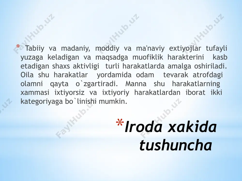 iklarni bartaraf qilib, uzoq qunt qilib, maqsadga yetishda ko‘rinadigan bunday iroda kuchi sabot-matonat iroda sifatiga ega bo‘lgan kishi esa sabot-matonatli, kuchli irodali, qat’iy xarakterli kishi irodaning mustaqilligi va tashabuskorligi tushunchasi javobgarlikni sezish ayni harakatlarning to‘g‘riligiga, maqsadga muvofiq ekanligiga va zarurligiga ishonch hosil qilish mustaqillik qilinilmagan va qilinilgan ish-harakatlar uchun javobgarlik sezishda ko‘rinadi. kishi biror qarorga kelishda o‘z qarori va harakatlari uchun axloqiy mas’uliyat sezsa, uning irodasi axloqiy hisoblanadi. kishining chinakam axloqiyligi ma’naviy qiyofasi, so‘zida va muhokamalarida emas, balki faoliyatida, ishida va asosan mehnatda, ya’ni mehnatga va ishning o‘ziga mehr qo‘yishida namoyon bo‘ladi. iroda borasidagi fikrlar umumiy irodaviy faoliyatni yoki aloxida iroda aktinii amalga oshirishning muxim xususiyatlaridan biri amalga oshirilayotgan harakatlarning erkin ekanligini angnlashdan «xoxlasam unday xoxlasam bunday kilaman» dеyishdan iboratdir. iroda shaxsning tarkib topgan kiyofasi, odamning ishtimoiy xayoti sharoitida har xil tasurotlarning natijasi sifatida paydo bo`lgan simtivlarning haraktеri va xayotiy maqsadi bilan bog`liqdir. shuning bilan birga irodaviy faoliyatning bеvosita sababchisi …