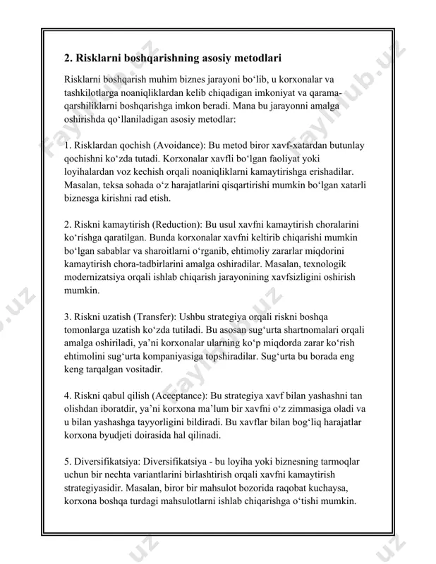 ning qanchalik tayyor ekanligini baholash uchun qo'llaniladi. masalan, trl darajalari 1 dan 9 gacha bo'lib, daraja qanchalik yuqori bo'lsa, texnologiya shunchalik tayyorlashtirilgan hisoblanadi. loyiha muvaffaqiyatsizligini baholashda 1-3 darajali trl loyihalarida yuqori tavakkalchilik mavjud bo'lishi mumkin. 3. **bozor tavakkalchiligi**: bozor tavakkalchiligini baholash uchun `beta koeffitsienti` keng qoʻllaniladi. bu koeffitsient—loyiha narxining umuman bozordagi o'zgarishlariga qanchalik ta'sir qilishini koʻrsatadi. agar beta koeffitsienti 1 dan katta bo'lsa, loyiha bozor tavakkalchiligi yuqoriligini ko'rsatadi. 4. **raqobat tavakkalchiligi**: raqobatli muhitda loyihaning muvaffaqiyati raqobatning intesivligi bilan bog'liq bo'ladi. masalan, `porter besh kuchi tahlili` raqobat tavakkalchiligini baholash usullaridan biri hisoblanadi va u bozordagi boshqa raqiblar, yangi kiruvchi ishtirokchilar, o'rnini bosuvchi mahsulotlar va mijozlar pozitsiyasini o'z ichiga oladi. 5. **statistik modellashtirish**: `monte-karlo simulyatsiyasi` kabi statistik modellardan foydalanish loyihaning turli xil tavakkalchilik ssenariylarini tahlil qilish imkonini beradi. bu usul har bir ssenariyni qanchalik ehtimolli ekanini aniqlash uchun keng qo‘llaniladi. 6. **risk-menejment strategiyalari**: innovatsion loyihalarda tavakkal darajasini kamaytirish uchun `risk diversifikatsiyasi`, ya'ni …