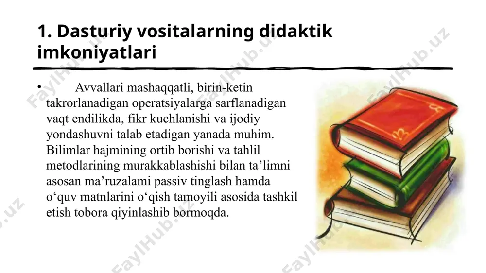 foydalidir. portal bitiruvchilar bo‘yicha axborot manbai bo‘lib xizmat qiladi. qolaversa, ta’lim xizmatlarini taqdim etuvchilar va uning iste’molchilari bilan yangi shakldagi o‘zaro aloqani yo‘lga qo‘yadi. 3. elektron pedagogika – pedagogikaning zamonaviy tarmog‘i sifatida elektron darslik – bu an’anaviy darslikdan farqli o‘laroq, fanga oid tegishli materiallarni dinamik talqinda, ya’ni foydalanuvchi e’tiborini jalb qiluvchi turli ranglardan, multimedia, audio va video animatsiyalar, gipermurojaatlardan o‘rinli foydalangan holda tuzilgan yoxud dasturlarshtirilgan darsliklar. u kompyuter texnologiyasiga asoslangan o‘quv uslubini qo‘llashga, mustaqil ta’lim olishga hamda fanga oid o‘quv materiallari, ilmiy adabiyotlarning har tomonlama samarali o‘zlashtirilishiga mo‘ljallangan adabiyot. shuningdek, u muayyan fanning o‘quv hajmini to‘liq qamragan va masofaviy o‘qitish hamda mustaqil o‘rganish uchun kompyuter texnologiyalariga asoslangan, bo‘lib, unda materiallar (o‘quv va ilmiy materiallar faqat virtual (matn) shaklida, o‘quv materiallari esa virtual (matn) va ikki o‘lchamli grafik shaklida) multimedia elementlari, ya’ni ma’lumot ikki – uch o‘lchamli grafik ko‘rinishida, video, animatsiya va qisman virtual (matn) shaklida, ob’ektlarga nisbatan harakatlanish tasavvurini ifodalaydigan …