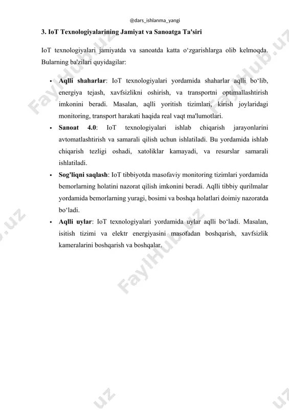 alarining o‘zaro aloqalari va ma'lumotlarni uzatish jarayonidagi potentsial tahdidlarni kamaytirish uchun ilg‘or xavfsizlik tizimlari ishlab chiqilishi zarur. bularning barchasi iot texnologiyalarining yanada keng tarqalishiga va global miqyosda joriy etilishiga turtki beradi. kelajakda iot texnologiyalari bizning kundalik hayotimizni yanada qulay, samarali va xavfsiz qilishda katta rol o‘ynashini kutishimiz mumkin. foydalangan o'zbek adabiyotlari: 1. qodirov, a. (2020). internet of things: texnologiya va imkoniyatlar. toshkent: o‘zbekiston respublikasi ta'lim vazirligi. 2. rustamov, f. (2019). aqlli shaharlar va iot texnologiyalari. samarqand: samarqand davlat universiteti nashriyoti. 3. islomov, t. (2021). iot texnologiyalari va ularning xavfsizligi. buxoro: buxoro davlat universiteti. 4. tursunov, x. (2018). iot: kelajakka qarash. toshkent: fan va texnologiyalar. 5. karimov, d. (2022). sun'iy intellekt va iot texnologiyalari integratsiyasi. toshkent: o‘zbekiston innovatsion rivojlanish markazi.