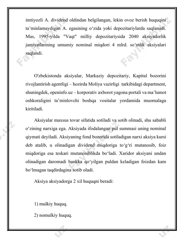nadigan yuqori foyda olish imkoniyati investorlarni jalb qilishga xizmat qiladi. aksiyalarning yuqori daromadliligi odatda qarz majburiyatlari bilan taqqoslaganda inflyatsiyadan yaxshigina himoyani taʻminlaydi. aksiya va obligatsiyalarni baholash texnikasi pul oqimlarini diskontlashning yagona modeliga asoslanishiga qaramasdan, aksiyalar qiymati va daromadliligini aniqlash quyidagi ikkita holat sabab ancha murakkab hisoblanadi: - oddiy aksiyalar boʻyicha dividendlar kafolatlanmagan, yaʻni oldindan maʻlum emas; - aksiyalar qoplash muddatiga ega emas. yuqorida taʻkidlanganidek, aksiya egasining daromadi olinadigan dividendlar va aksiya bozor bahosining oʻzgarishidan tashkil topadi. investitsiyalar bitta davrli boʻlgan holatda aksiya qiymati quyidagi formula yordamida aniqlanishi mumkin: bu yerda div1, p1 – mos ravishda t =1 davrda dividend va aksiya bahosi. mos ravishda, investitsiya daromadliligi bu yerda p0 – t=0 davrdagi aksiya bahosi yoki aksiyaning boshlangʻich maʻnosi; n davrli muddatga investitsiyalar uchun. aksiyalarning muomala muddati formal jihatdan cheklanmagan-ligi sababli sharoitida oxirgi qoʻshiluvchi nolga intiladi. shunda: olingan ifoda amerikalik olim j.williams tomonidan ishlab chiqilgan dividendlarni diskontlash modeli (dividend discount model …