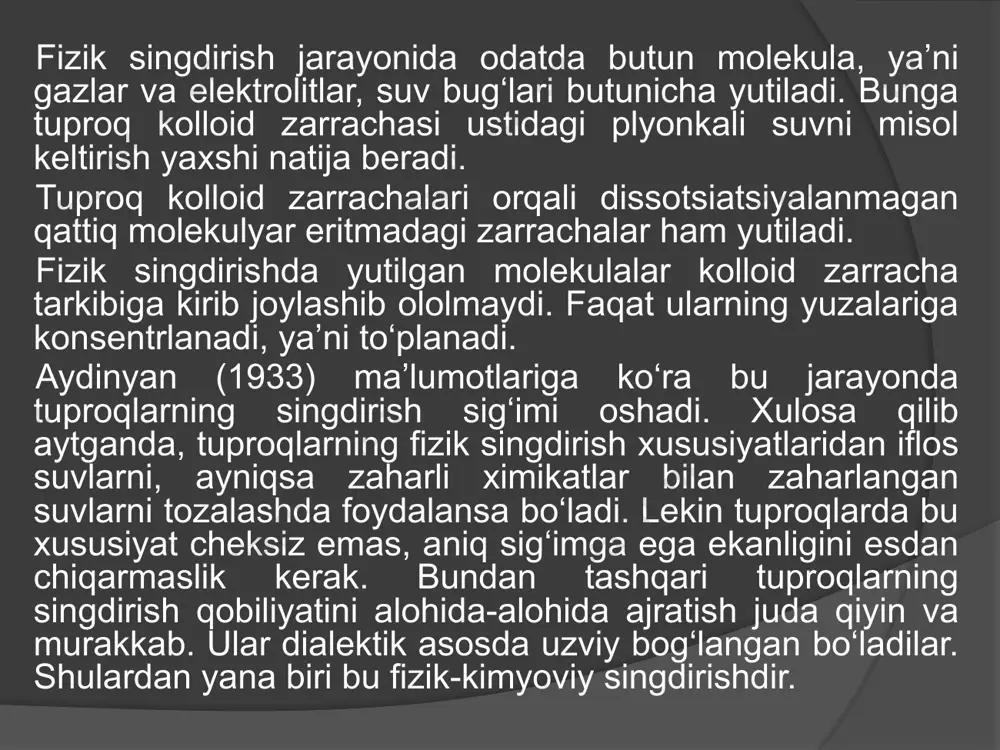 vaqtinchalik sho‘rtoblik quyidagicha hosil bo‘ladi: bu jarayon qaytar jarayon hisoblanadi, ya’ni odatda sho‘rtob tuproqlar hosildorligini oshirish uchun gips, ohak va boshqa minerallar, jinslar solinadi, ya’ni bu jarayon ham qaytar, shuning uchun hosil bo‘lgan tuzni tezda yuvib tuproq maydonidan tashqariga chiqarish kerak. xulosa qilib aytganda, tuproqdagi singdirish xususiyatlari ularning tarkibidagi singdirish komplekslari orqali namoyon bo‘ladi. bu jarayon ham qaytar, shuning uchun hosil bo‘lgan tuzni tezda yuvib tuproq maydonidan tashqariga chiqarish kerak. xulosa qilib aytganda, tuproqdagi singdirish xususiyatlari ularning tarkibidagi singdirish komplekslari orqali namoyon bo‘ladi. tuproqlarning singdiruvchi kompleksi ion almashtirish qobiliyatiga ega bo‘lgan, tuproqning qattiq fazasiga uning singdirish kompleksi (tsk) deyiladi. bu o‘rinda tuproqni qattiq fazasi deyilganda uning mineral, organik va organo-mineral qismlarini kompleks, ya’ni birgalikda tushunish lozim. tsk da almashinish qobiliyatiga ega bo‘lgan kationlar bo‘lishi kerak, aks holda tsk bilan tuproq eritmasi o‘rtasida ion almashinishi sodir bo‘lmaydi. bu ta’rif, ya’ni tskga berilgan tavsif mukammalashtirishga muhtoj. negaki, tuproq qattiq fazasining hammasi ham …