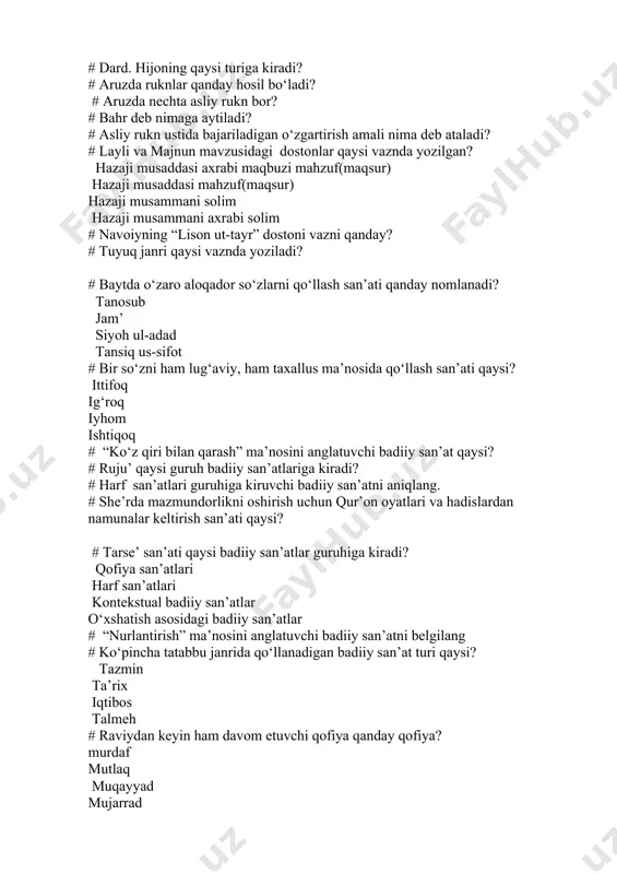 badiiy san’atlar guruhiga kiradi? qofiya san’atlari harf san’atlari kontekstual badiiy san’atlar o‘xshatish asosidagi badiiy san’atlar # “nurlantirish” ma’nosini anglatuvchi badiiy san’atni belgilang # ko‘pincha tatabbu janrida qo‘llanadigan badiiy san’at turi qaysi? tazmin ta’rix iqtibos talmeh # raviydan keyin ham davom etuvchi qofiya qanday qofiya? murdaf mutlaq muqayyad mujarrad # husni ta’lil san’ati ko‘pincha qaysi san’at bilan birgalikda keladi? tashxis tashbeh istiora tanosub # sahroyi latofat ichra lola, ne lolaki, mushkbo‘ g‘azola. (“layli va majnun”). olingan baytda qaysi badiiy san’at qo‘llangan? istiora tashbeh tamsil ruju # “lison ut-tayr”, “zarbulmasal” kabi asarlarda qaysi badiiy san’at ustunlik qiladi, deb o‘ylaysiz? intoq tashxis tashbeh tanosub # “vasl uyin obod qildim, buzdi hijron oqibat” misrasidagi istiorani toping. # “seli g‘am” istioraning qaysi turiga misol bo‘ladi # muvozana qanday san’at? # reallikka muvofiq emas, lekin tasavvur qilsa bo‘ladigan darajada kuchaytirib ifodalangan tasvir mubolag‘aning qaysi turiga misol bo‘ladi? ig‘roq tablig‘ g‘uluv mubolag‘a # nigoro, mahvasho, iffatpanoho so‘zlarida …