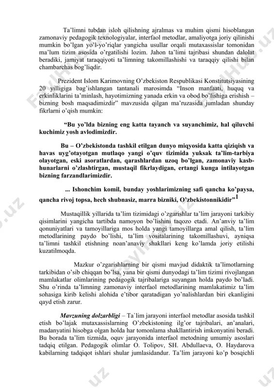 gandan boshlab har bir fanning ilmiy–nazariy asoslarni chuqur o’rganish bilan birga kasb tayyorgarligiga alohida e’tibor qaratildi. jamyatning intelektual salohiyotiga mos kelajak avlodni tarbyalash bugungi ta`lim tizimi oldida turgan dolzarb vazifa bo’lib, bu o’z navbatida ta’lim jarayonida mumtazam ravishda innovatsion yondashuvlarni amalga oshirishni talab etadi. innovatsion yondashuvlar - ta’lim jarayonida zamonaviy pedagogik texnologiyalarni qo’llash demakdir. mazkur kurs ishimning mavzusining dolzarbligi ham mana shunda. matematikani o’qitish umumiy sistemasida masalalar yechish samarali mashq turlaridan biridir. masalalar yechish bolalarda avvalo mukammal matematik tushunchalarni shaklllantirish ularning programmada berilgan nazariy bilimlarni o’zlashtirishlarida favqulotda muhim ahamiyatga ega. masalan, agar biz qo’shish haqida to’g’ri tushuncha shakllantirishni istasak, buning uchun bolalar yig’indini topishga doir yetarli miqdorda sodda masalalarni deyarli har gal to’plamlarni birlashtirish amalini, bajarib yechishlari zarur. shunday qilib, masalalar konkret material bo’lib, ular yordamida bolalarda yangi bilim vujudga keladi va mavjud bilimlar tadbiq qilinishi jarayonida mustahkamlab boradi. masalalar bilimlarni shakllantirishda konkret material bo’lgani holda nazariyani amaliyot bilan, o’qitishni …