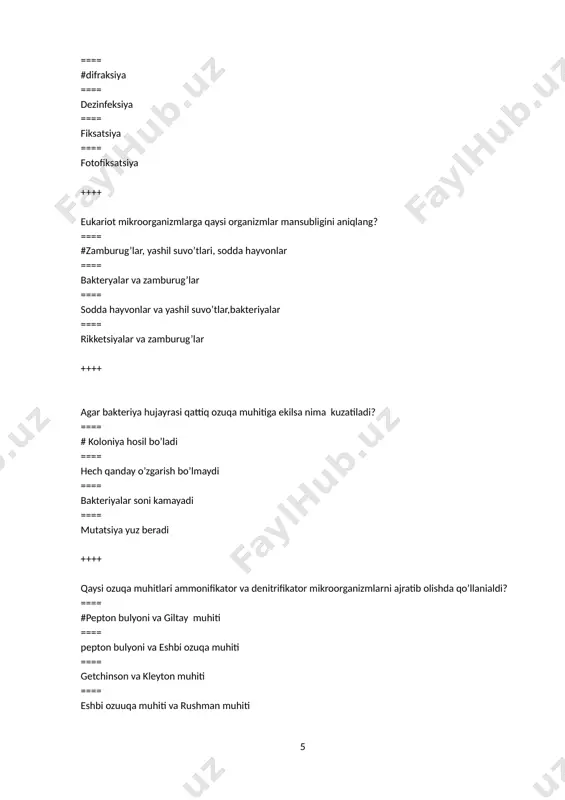 #tetratsiklin ==== penitsillin ==== auromitsin ==== streptomitsin ++++ mikobakteriyalar hujayra devorining bo'yalishiga qarab qanday guruhga kiritiladi? ==== #grammusbat ==== oddiy ==== grammanfiy ==== murakkab ++++ bakteriyalarda dnk qanday shaklga ega va uning o'lchami qancha? ==== #halqa shaklida, 1,1–1,4 mkm ==== halqa shaklida, 3,1–3,4 mkm ==== tayoqcha shaklida, 2,1–2,4 mkm ==== tayoqcha shaklida, 2,1–2,4 mkm ++++ agar bakteriya hujayrasi ikkita bir xil yoki va noteng bo’lakga bo'linsa qanday hujayralar hosil bo’ladi? ==== # izomorf va geteromorf ==== spormaforf va geteromorf ==== izomorf va spormaforf ==== polimorf va izomorf ++++ boshlanqich (statsionar) faza qanday faza va u qancha davom etadi? ==== #mikroorganizmning ozuqa muhitiga moslashishi bo’lib, 1-2 soat davom etadi ==== mikroorganizmning nobud bo’lishi bo’lib, 1-2 soat davom etadi ==== mikroorganizmning ko’payishi bo’lib, 2-4 soat davom etadi ==== mikroorganizmning tez ko’payish fazsi bo’lib, 5-6 soat davom etadi ++++ biror bilim soqasida ishlatiladigan atamalar tizimiga nima deyiladi? ==== #nomeklatura ==== morfologiya ==== sistematika …
