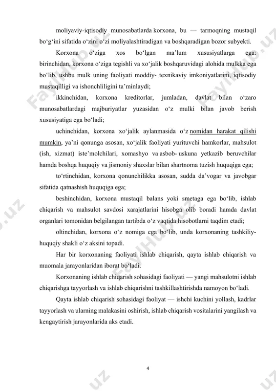 da aks etadi. muomala sohasidagi faoliyat esa ishlab chiqarishning moddiy- texnikaviy ta’minotini tashkillashtirish, mahsulot (ish, xizmat)larni sotish va foydalanilgan ishlab chiqarish vositalarining daromad shaklida qaytib kelishida ko‘zga ko‘rinadi. bozor iqtisodiyoti sharoitida korxonalar faoliyatining asosiy yo‘nalishlari quyidagilar hisoblanadi: bozor va uning rivojlanish istiqbollarini kompleks ravishda o‘rganish yordamida, xaridorlarning mahsulot va xizmat turlariga mavjud va yuzaga kelishi mumkin bo‘lgan talablarini aniqlash; mahsulotning yangi modellari va namunalarini yaratish bo‘yicha ilmiy tadqiqot faoliyatini tashkil qilish; xaridorlar talablariga mos keluvchi tovarlarni ishlab chiqarish; ishlab chiqarishni rejalashtirish, dasturlash, muvofiqlashtirish va moliyalashtirish; mahsulotni taqsimlash va sotish tizimini tashkil qilish va uni mukammallashtirish; korxonaning barcha faoliyatini, jumladan, ishlab chiqarish, sotish, reklama, texnik xizmat ko‘rsatish va hokazolarni boshqarish. albatta, zamonaviy korxonalarning ko‘p qirrali faoliyati yuqorida sanab o‘tilgan yo‘nalishlar bilangina cheklanib qolmaydi. amaliyotda ular fan-texnika taraqqiyoti va davlat tomonidan amalga oshirilayotgan iqtisodiy siyosatning yangi talablari bilan to‘ldirilishi mumkin. biroq, yuqorida aytib o‘tilganlardan qat’i nazar, xo‘jalik rivojlanishining har bir bosqichida korxonalar …