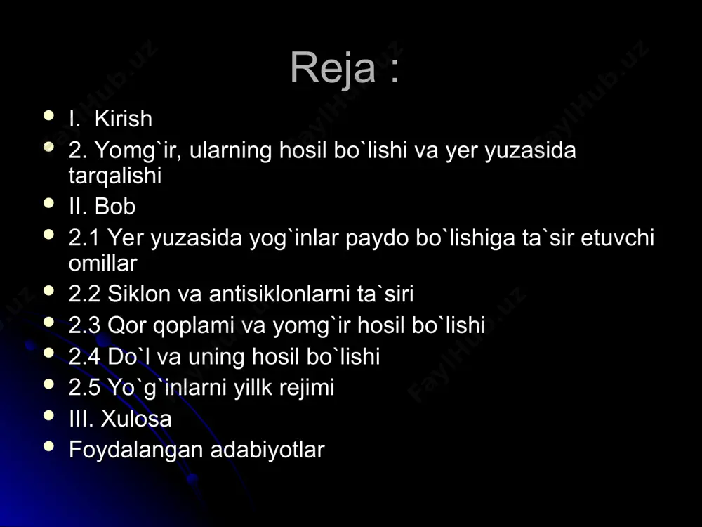 ushgan atmosfera yog`inlari. miqdori suv balansini ko`rsatadigan mm bilan, jadalligi esa vaqt birligi (min., soat, sutka)dagi miqdori (mm) bilan o`lchanadi. qor — havo t-rasi 0° dan past boʻlganda bulutlardan muz kristallchalari tarzida yogʻadigan yogʻin. muz kristallchalari shakli negizini olti burchakli plastinka yoki olti qirrali ustuncha tashkil etadi. kristallchalarningʻ diametri mm ning bir necha ulushidan bir necha mm gacha yetadi. havo t-rasi 0" atrofida boʻlganda q. uchqunlari bir-biri bilan yopishib, diametri 1 sm keladigan yirik q. pagʻalarini hosil qiladi. ayrim q. donalarining oʻrtacha massasi 0,003 g gacha, yirik q. pagʻalariniki 0,5 g gacha boʻladi. oʻrta va yuqori kengliklarda (shu jumladan, oʻzbekistonda) q., asosan, qishda yegʻadi.