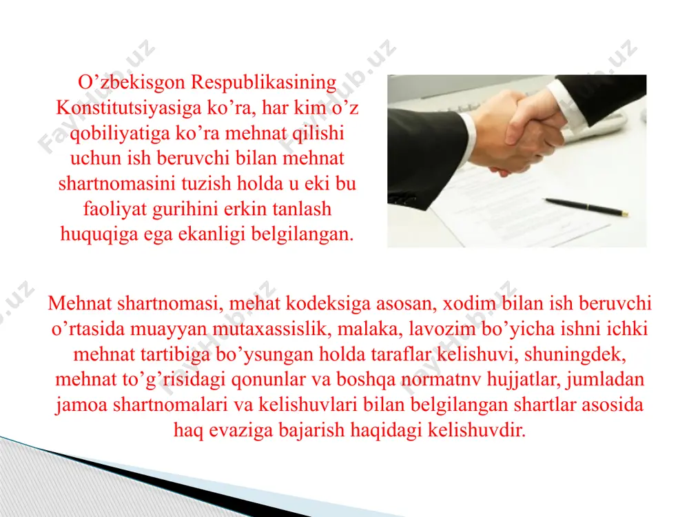 ri) mehnat daftarchasiga yozilmaydi. mehnat kodeksiga ko’ra, mexnat shartmomasini bekor qilish uchun yana bir asos bo’lishi mumkin. chunonchi, dastlabki sinov natijasi qoniqarsiz bo’lsa (ishga qabul qilishda dastlabki sinov muddati belgilangan hollarda), ish beruv-chi xodim bilan tuzilgan mehnat shartnomasini xodimlarning korxonadagi va-killik organlarining roziligini olmasdan va ishdan bo’shatish nafaqasini tula-masdan turib ham bekor qilishga haqqi bo’ladi. mehnat kodeksining 97-moddasiga asosan, mehnat shartnomasi quyidagi asoslarga ko’ra bekor qilinishi mumkin: 1) taraflarning kelishuviga ko’ra (ushbu asosga binoan mehnat shartnomasining barcha turlari istalgan vaqgda bekor qilinish mumkin); 2) taraflardan birining tashabbusi bilan; 3) muddatning tugashi bilan; 4) taraflar ixtiyoriga bog’liq bo’lmagan holatlarga ko’ra; 5) mexnat shartnomasida nazarda tutiltan asoslarga ko’ra; 6) yangi muddatta saylanmaganligi (tanlov bo’yicha o’tmaganligi) yoxud saylanishda (tanlovda) qatnashishni rad etganligi munosabati bilan. mehnat shartnomasi yoki unga qo’shimcha ravishda tuzilgan yozma shakldagi kelishuvda, shuningdek jamoa shartnomasida mehnat shartnomasi taraflarining moddiy javobgarligi aniqlashtirib qo’yilishi mumkin. bunda shartnoma bo’yicha ish beruvchining hodim oldidagi javobgarligi …