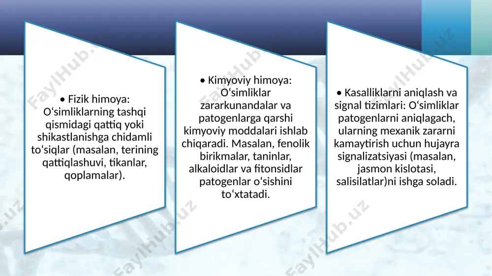 xulosa o‘simliklarning tizimli immunizatsiyasi va uning mexanizmlari biologik xilma-xillikni saqlashda va o‘simliklarni kasalliklardan himoya qilishda juda muhimdir. bu jarayonlar o‘simlikning tabiiy himoya tizimlarini faollashtirish, kasalliklarni oldini olish va samarali qarshilik ko‘rsatishni ta’minlaydi. o‘simliklarni himoya qilishda zamonaviy agronomik usullar, biologik va ekologik texnologiyalarni qo‘llash tizimli immunizatsiyaning samaradorligini oshiradi. foydalanilgan adabiyotlar 1. abdullaev, x. a., & zokirov, m. a. (2010). *o‘simliklar fiziologiyasi.* toshkent: o‘zbekiston milliy ensiklopediyasi. - o'simliklarning immun javoblari haqida umumiy ma’lumot olish uchun 215–225-betlar. 2. karimov, sh. t. (2018). *o‘simliklar patologiyasi.* toshkent: fan va texnologiya. - patogenlarga qarshi o‘simliklarning himoya mexanizmlari haqida: 128–135-betlar. 3. narzieva, n. k. (2020). *agrobiologiya: o‘simliklarni himoya qilish.* toshkent: universitet nashriyoti. - agrobiologiya va o'simlik immuniteti tushunchalari haqida umumiy tushunchalar uchun 75–82-betlar. 4. shoyimov, q. (2019). *o‘simlik himoyasi asoslari.* toshkent: fan. - o'simlik immuniteti va himoya mexanizmlariga oid asosiy bob: 90–102-betlar. 5. qodirova, d. r., & karimova, r. x. (2021). "o‘simliklardagi himoya mexanizmlarining ekologik jihatlari." *o‘zbekiston …