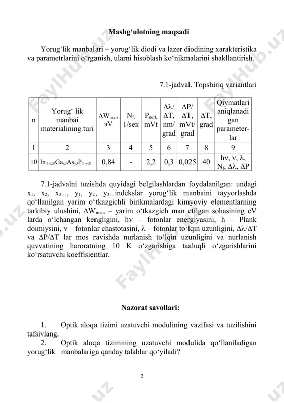 iodining vatt-amper xarakteristikasini tafsivlang. u qanday miqdoriy munosabat bilan ifodalanadi? 8. yorug‘lik diodining spektral xarakteristikasini tafsivlang. uning kengligini aniqlash usulini tushuntiring. 9. yorug‘lik diodining yo‘nalganlik diagrammasini tafsivlang. yorug‘lik nurining yo‘nalganlik darajasini oshirish uchun qanday choralar ko‘riladi? 10. yorug‘lik diodi nurlanish samaradorligini oshirish va nurlanish quvvatini kichik yuzada mujassamlash uchun qanday usullardan foydalaniladi? 11. yorug‘lik diodining degradasiya jarayoniga tafsiv bering. bu jarayon qaysi omillar tufayli yuz beradi va qanday miqdoriy munosabat bilan aniqlanadi? 12. yorug‘lik diodining asosiy parametrlarini sanab ko‘rsating va ularni qisqacha tafsivlang. 13. yorug‘lik diodining afzalliklari va kamchiliklari nimada? ularga qisqacha tafsiv bering. 7.3.14. lazer diodining tuzilishi va ish prinsipiga tafsiv bering. bu prinsip kvant mexanikasining qaysi fundamental qoidalariga asoslanadi? 7.3.15. lazer diodi nurlanishining xususiyatlariga tafsiv bering. 7.3.16. ikki yoqlama geterotuzilishli lazer diodining energetik diagrammasini chizib ko‘rsating, bu turdagi lazer diodining ish jarayonini tafsivlang. 7.3.17. lazer diodining volt-amper va vatt-amper xarakteristikalariga tafsiv bering. 7.3.18. tashqi muhit haroratining o‘zgarishi lazer …