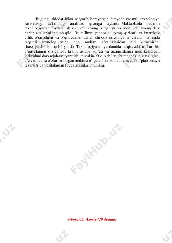 ramay, hal qilinishi kerak bo’lgan ba’zi muammolar ham mavjud. raqamli tafovut eng katta muammolardan biridir. barcha o’quvchilar kerakli raqamli qurilmalarga yoki ishonchli internet ulanishlariga ega emas, bu esa o’rganish imkoniyatlaridagi nomutanosiblikka olib kelishi mumkin. shuning uchun barcha o’quvchilar raqamli ta’limda to’liq ishtirok etish uchun zarur raqamli texnologiyadan foydalanish imkoniyatiga ega bo’lishini ta’minlash juda muhimdir. yana bir masala shundaki, texnologiya darsda chalg‘itish imkoniyatiga ega. ko’plab raqamli qurilmalar va onlayn platformalar mavjud bo’lganligi sababli, o’quvchilar o’z o’qishlariga e’tiborini yo’qotish vasvasaga solishi mumkin. shuning uchun o’qituvchilar sinfda raqamli texnologiyadan foydalanishni muvozanatlash yo’llarini topishlari va undan o’rganishni kamaytirish uchun emas, balki uni yaxshilash uchun samarali ishlatilishini ta’minlashlari kerak. 2.ta’limni raqamlashtirishda asosiy vositalar.  onlayn o'quv platformalari · coursera, khan academy, edx, udemy, duolingo kabi platformalar turli sohala  lms (learning management systems) · moodle, google classroom, blackboard, canvas kabi tizimlar o'qituvchi va o'quvchilarni bog'laydi hamda darslarni boshqarishda yordam beradi.  virtual laboratoriyalar va simulyatorlar …