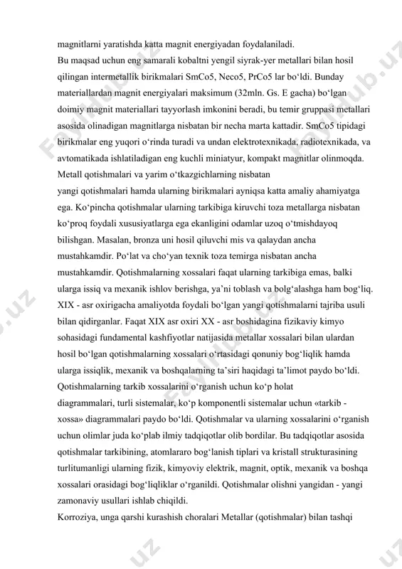 r, kompakt magnitlar olinmoqda. metall qotishmalari va yarim о‘tkazgichlarning nisbatan yangi qotishmalari hamda ularning birikmalari ayniqsa katta amaliy ahamiyatga ega. kо‘pincha qotishmalar ularning tarkibiga kiruvchi toza metallarga nisbatan kо‘proq foydali xususiyatlarga ega ekanligini odamlar uzoq о‘tmishdayoq bilishgan. masalan, bronza uni hosil qiluvchi mis va qalaydan ancha mustahkamdir. pо‘lat va chо‘yan texnik toza temirga nisbatan ancha mustahkamdir. qotishmalarning xossalari faqat ularning tarkibiga emas, balki ularga issiq va mexanik ishlov berishga, ya’ni toblash va bolg‘alashga ham bog‘liq. xix - asr oxirigacha amaliyotda foydali bо‘lgan yangi qotishmalarni tajriba usuli bilan qidirganlar. faqat xix asr oxiri xx - asr boshidagina fizikaviy kimyo sohasidagi fundamental kashfiyotlar natijasida metallar xossalari bilan ulardan hosil bо‘lgan qotishmalarning xossalari о‘rtasidagi qonuniy bog‘liqlik hamda ularga issiqlik, mexanik va boshqalarning ta’siri haqidagi ta’limot paydo bо‘ldi. qotishmalarning tarkib xossalarini о‘rganish uchun kо‘p holat diagrammalari, turli sistemalar, kо‘p komponentli sistemalar uchun «tarkib - xossa» diagrammalari paydo bо‘ldi. qotishmalar va ularning xossalarini о‘rganish uchun …