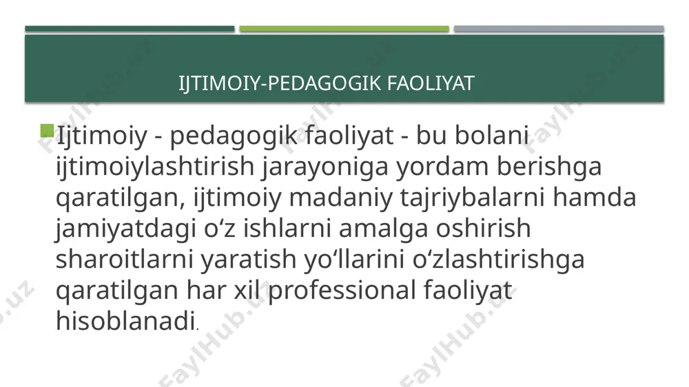 i ko‘p sonli shart - sharoitlar bilan o‘zaro munosabatida yuzaga keladi. insonga ta’sir qiluvchi bu sharoitlar omil deyiladi. ijtimoiylashuvning omillari to‘rt guruhga bo‘linadi; 1.megaomillar (mega - eng katta) - kosmos, planeta, dunyo, shuningdek bularga demografik, ijtimoiy siyosiy, ekologik, planetar jarayonlarni ham kiritsa bo‘ladi. ular boshqa omil guruhlari orqali yerning barcha aholisining ijtimoiylashuviga ta’sir ko‘rsatadi. 2. makroomillar (makro - katta) - davlat, xalq, jamiyat. bu omillar muayyan hududda yashovchi aholi ijtimoiylashuviga ta’sir qiladi. 3. mezoomillar (mezzo - o‘rta) - hudud va yashash joyi ommaviy aloqa tarmoqlari, auditoriya, u yoki bu submadaniyatga tegishliligiga ko‘ra ajratilgan guruhlarning ijtimoiylashuvi shart - sharoitlari . 4.ijtimoiylashuvga mezoomillar mikroomillar orqali ta’sir qiladi. mikroomillarga muayyan shaxslarga ta’sir qiluvchi omillar - oila, qo‘shnilar, tengdoshlar guruhlari, tarbiya muassasalari, turli ijtimoiy, diniy, davlat, xususiy tashkilotlar kiradi. savol va topshiriqlar ijtimoiylashuv omillari va mexanizmlarini ayting. ijtimoiy o‘qitish va ijtimoiy tarbiyaga ta’rif bering ijtimoiylashuv agentlari va mexanizmlari ayting. ijtimoiy pedagogika kategoriyalariayting. adabiyotlar ijtimoiy …