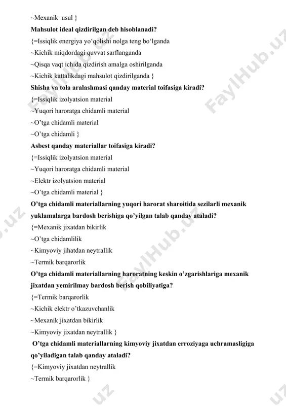 tdan bikirlik ~o’tga chidamlilik } o’tga chidamli materiallarning ishchi haroratlarda tok o’tkazmasligiga yoki kam miqdorda tok o’tkazishga qo’yiladigan talab qanday ataladi? {=kichik tok o’tkazuvchanlik ~mexanik jixatdan bikirlik ~kimyoviy jixatdan neytrallik ~termik barqarorlik } o’tga chidamli materiallarning pech kamerasi devorlarini (futerovk1a) xaddan ziyod oshirmay issiqlik energiyasi yo’qolishini kamaytirishga qo’yilgan talab qanday ataladi? {=kichik issiqlik o’tkazuvchanlik ~kichik tok o’tkazuvchanlik ~kimyoviy jixatdan neytrallik ~termik barqarorlik } o’tga chidamli materiallar quyidagi haroratlarning qaysi biriga mo’ljallangan ? {=1580-1770k ~1500 - 1600 k ~~1500 k dan kichik 1000 k dan yuqori } o’ta yuqori darajada o’tga chidmli materiallar quyidagi haroratlarning qaysi biriga mo’ljallangan? {=2000 k dan yuqori ~1000 k dan yuqori ~1500 k dan yuqori ~5000 k dan yuqori } yuqori darajada o’tga chidamli materiallar quyidagi haroratlarning qaysi biriga mo’ljallangan ? {=1770 - 2000 k ~1770 - 3000 k ~1780 - 2780 k ~1500 k dan kichik } issiqlik o’tkazuvchanlik nima? {=issiqlikning yuqori xaroratli joylardan past …