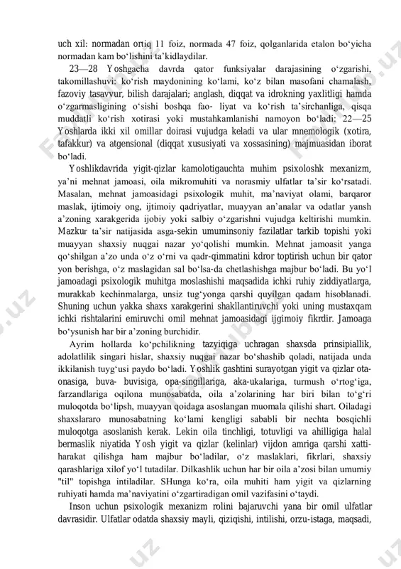 son funksional darajasining oshishi 23—27 yoshdaga yigit va qizlarda 44 foiz, funksional holatining barqarorlashuvi 19,8 foiz, funksional darajaning pasayishi 36,2 foizga tengdir. bu ma’lumotlar kamolot bosqichining turli mikrodavrlarida o‘sish jihatlarining o‘zaro munosabata har xil kechishini ko‘rsatib turibdi. yu.n.kulyutkin katga kishilarningdiqqat, xotira, tafakkur, bilish jarayonlarini birgalikda o‘rgangan. yu.n.kulyutkin o‘z tadqiqotida 0—130 shkalagacha oraliqni tekshirib, 22—25 yoshlarda diqkdt va xotira 100,5, tafakkur 102,5 ballga tengligini, 26—29 yoshlarda esadiqqat 102,8, xotira 97,0, tafakkur 95,0 ball ekanligini isbotlab berdi. amerikalik olim v.shevchuk voyaga etgan odamlarda ijodiy faoliyatning boshlanish nuqgasini tadqiq kilib, 11—20 yoshlar oralishda u 12,5 foiz, 21—30 yoshlarda esa 66 foiz ekanini aniqladi. ziyolilarning ilmiy mahsuli dinamikasini o‘rgangan z.f.esareva uning boshlanishi matematiklarda 18—23, fiziklarda 24— 27, biologlarda 25—31, psixologlarda 27—30, tarixchilarda 27—32, filologlarda 28—33 yoshlarni tashkil qilishini ko‘rsatib o‘tadi. yoshlarning ijtimoiy hayotda qatnashuvini o‘rgangan v.shevchuk ijtimoiy faoliyatga kirishishning eng yuqori cho‘qqisi 25 yosh ekanini aniqlab, bu hol odamlarning 45,4 foizida bo‘lishini ma’lum qiladi. …