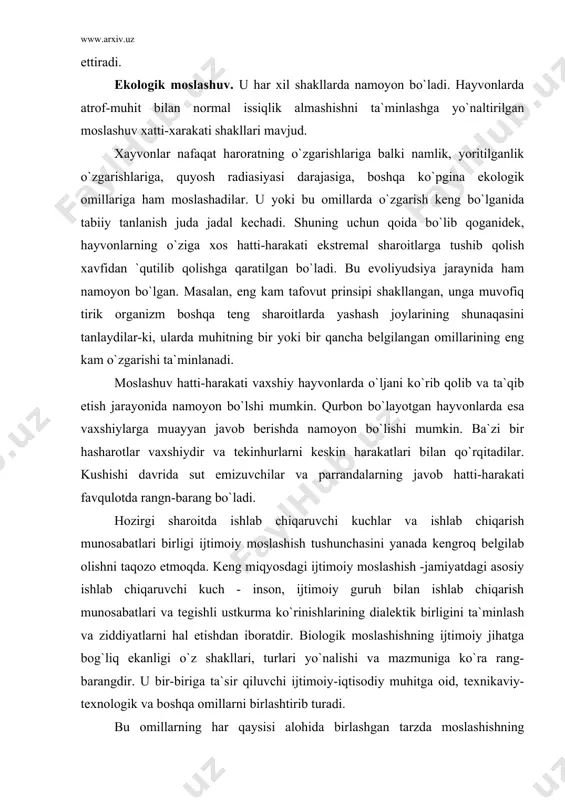 ni taqozo etmoqda. keng miqyosdagi ijtimoiy moslashish -jamiyatdagi asosiy ishlab chiqaruvchi kuch - inson, ijtimoiy guruh bilan ishlab chiqarish munosabatlari va tegishli ustkurma ko`rinishlarining dialektik birligini ta`minlash va ziddiyatlarni hal etishdan iboratdir. biologik moslashishning ijtimoiy jihatga bog`liq ekanligi o`z shakllari, turlari yo`nalishi va mazmuniga ko`ra rang-barangdir. u bir-biriga ta`sir qiluvchi ijtimoiy-iqtisodiy muhitga oid, texnikaviy-texnologik va boshqa omillarni birlashtirib turadi. bu omillarning har qaysisi alohida birlashgan tarzda moslashishning biologik jihatlariga ta`sir ko`rsatadi. insonning moslashishi, uning salomatligi va hastaliklariga «biologik» yoki «biologik-ijtimoiy» hodisa sifatida yondashishning boshqacha shakllari bir yoqlama yuzakidir. bunday yondashuv mavjudotning quyi shaklidan yuqori ijtiioiy shakl tomon harakatini inkor qiladi yoki boshqalarining yuzaga kelishi o`zholicha yuz beradigan jarayon emas. bu hodisalarning barchasi oxir-oqibatda ijtimoiy sharoit taqozosidir. shu munosabat bilan chexiyalik shifokor m. obtulovich mulohazalari diqqatga sazovordir. uning takidlashicha, allergik hastalar ko`payib ketishining sababini hozirgi davr turmushiga xos bo`lgan bexalovatlik, shoshma-shosharlik va zo`riqishlar natijasida vegetativ asab tizimining ojizlanishi, ularni keltirib chiqaruvchi …