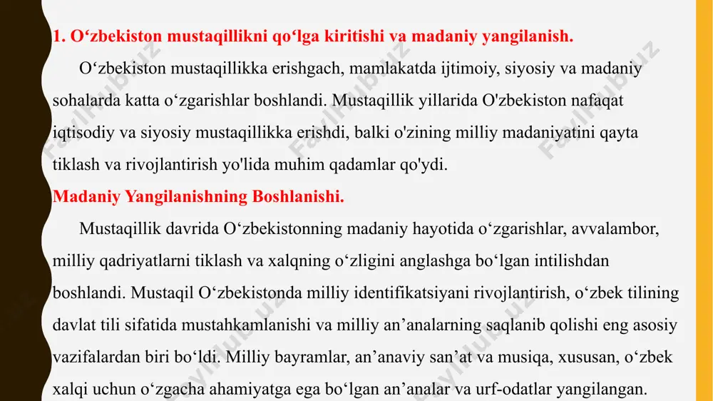 aqlash va qayta tiklashga qaratilgan ko‘plab dasturlar va loyihalar amalga oshirildi. jahon bilan integratsiya qilishning asosiy yo‘nalishlari xalqaro madaniy aloqalar: o‘zbekiston mustaqillikdan so‘ng, unesco, bmt kabi xalqaro tashkilotlar bilan hamkorlikni kengaytirib, madaniy obidalar va san'atni dunyo miqyosida tanitdi. madaniy festivallar va tadbirlar: toshkentda o‘tkazilgan xalqaro kinofestival, musiqa va raqs tadbirlari o‘zbekistonning madaniy integratsiyasini ta'minladi. xalqaro madaniy meros dasturlari: o‘zbekiston madaniy merosni saqlash, konservatsiya va tiklash bo‘yicha xalqaro hamkorlikda dasturlar olib borib, global madaniy hamjamiyatdagi o‘rnini mustahkamladi. o‘zbek madaniyatining jahon bo‘ylab tanilishi: o‘zbekistonning adabiyoti, san'ati va musiqasi xalqaro miqyosda keng targ‘ib qilindi, xususan, alisher navoiy asarlari turli tillarga tarjima qilindi. o‘zbekistonning madaniy merosini saqlash va jahon madaniyati bilan integratsiya qilish jarayoni mustaqillikning eng muhim yutuqlaridan biri bo‘ldi. tarixiy yodgorliklarni tiklash, madaniy an'analarga hurmat ko‘rsatish, xalqaro aloqalar va madaniy festivallarni o‘tkazish o‘zbekistonning madaniy va ilmiy sohalarda global miqyosda tanilishiga yordam berdi. madaniy merosni saqlash va rivojlantirish nafaqat mamlakatni tanitish, balki uning xalqaro …