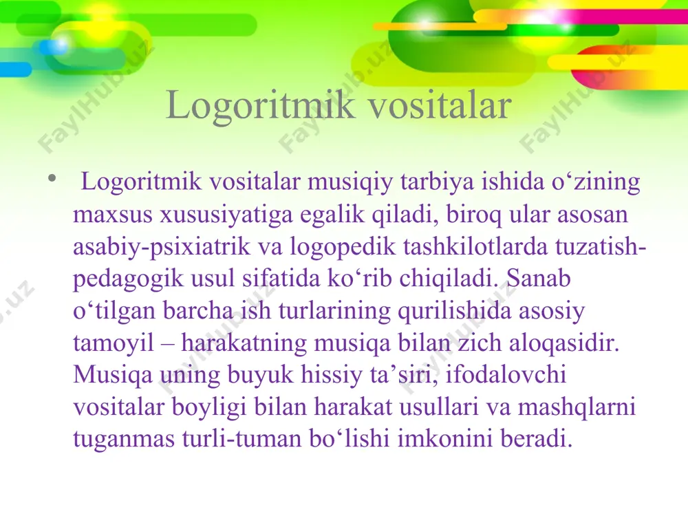 ushiradilar va tovonda 10 sekund davomida yuradilar; qo‘shimacha qadamlar bilan yonlamasiga yo‘g‘on arqon bo‘yicha birining ketidan boshqasi. bolalar kichik qadamlar bilan oyoqlarni sezilarli ko‘targan, qo‘llarini erkin tushirgan holda 3 yoki 4 m yuradilar; qiya doska bo‘yicha yuqoriga sakrash. mashq 2 marta takrorlanadi. yurishning turlicha ko‘rinishlari nafaqat musiqa bilan, balki so‘z bilan ham uyg‘unlashadi. masalan, yurish: a) tovonning ichki, tashqi tomonlarida: b) muvozonat holatida: v) oyoq uchida: g) tovonda: nafas olish, ovoz va artikulyatsiyani rivojlantirish mashqlari nafas olish, ovoz va artikulyatsiyani rivojlantirish mashqlari * “pashsha” mashqi. muskullar tonusini tartibga soladigan mashqlar bajariladigan mashqlar: bajariladigan mashqlar: yuqori sinf o‘quvchilari, o‘smirlar va kattalar uchun mashqlar xarakteri tuzilish shakliga qarab murakkablashadi (jaranglash kuchining almashishida galma-gal va guruhli mashqlar). * muskullar tonusini tartibga solishni uddalashni tarbiyalash bo‘yicha ishni umumiy rivojlantiruvchi va korreksion mashqlarga ajratish mumkin. korreksion mashqlar: mashq va o‘yinlar. prujinachalar prujinachalar (katta yoshlilar guruhi uchun) («paxta qo‘shig‘i»). boshlang‘ich holat: qo‘llar belga qo‘yilgan 1-4 taktlar: …