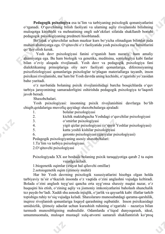 rda sodir bo’ladigan individual tafovutlarni, o’quvchilarda faol, mustaqil va ijodiy tafakkurni tarkib toptirish qonuniyatlarini tadqiq etishdir. shuningdek, pedagogik psixologiya ta'lim-tarbiyaning ta'siri oqibatida o’quvchilar psixikasida sodir bo’ladigan o’zgarishlarni, o’quv materiallarining o’quvchilarning yosh davrlariga mos kelishini, turli ta'lim metodlarining psixologik jihatdan samaradorligini, darsliklar, o’quv qurollari, asbob-uskunalar va maktab ishlarining tartibiga nisbatan bo’lgan psixologik talablar kabi muammolarni ham pedagogik psixologiya o’rganadi. hozirgi vaqtda pedagogik psixologiyaning muhim vazifalaridan biri - maktabdagi ta'lim jarayonini yanada takomillashtirishning psixologik asoslarini ishlab chiqishdan iborat bo’lib, bu hol yangi ta'lim dasturiga o’tish munosabati bilan bog’liqdir.pedagogik psixologiya shu bilan birga o’quvchilar shaxsining tarkib topish jarayonini turli tarbiyaviy tadbirlarning o’quvchilarga ko’rsatadigan ta'sirini o’rganadi hamda o’quvchilarning o’z-o’zini tarbiyalashning psixologik asoslarini tadqiq etadi. shuningdek, "pedagogik-psixologiya" ta'lim va tarbiya jarayonining tashkilotchisi bo’lgan - o’qituvchi shaxsini, uning pedagogik faoliyat xususiyatlarini ham o’rganadi. bunda o’qituvchining ta'lim-tarbiya ishlaridagi yutuqlarni ta'minlovchi sifatlariga urg’u berish bilan birga, uning bilim, ko’nikma, malaka va qobiliyatlarining tarkib topishi hamda taraqqiyotining psixologik jarayonlari …