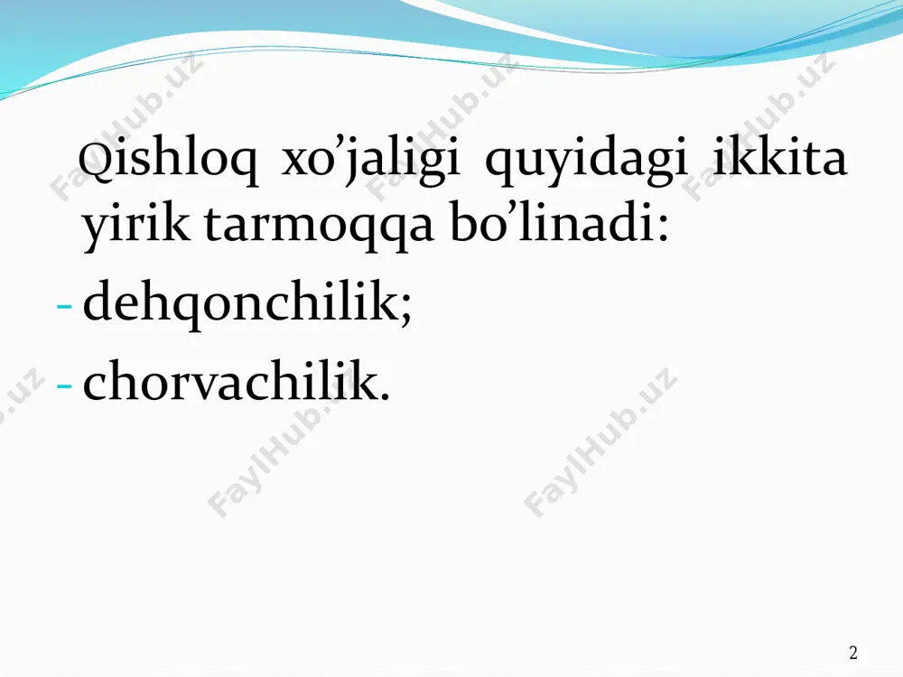 028,2 1048,5 kartoshka 89,6 93,3 98,7 110,9 sabzavotlar 220,0 222,8 233,7 240,5 oziqbop poliz 53,4 61,1 67,3 71,8 ozuqa ekinlari 267,6 256,8 258,0 285,4 ekin turlari bo‘yicha ekilgan maydon (jamiga nisbatan ulushi, foizda) 7 2019 2020 2021 2022 jami ekin ekilgan maydon 100,0 100,0 100,0 100,0 donli ekinlar 47,7 48,5 47,8 46,8 sh.j.: boshoqli don 42,6 43,3 42,2 41,4 shundan: bug‘doy 39,8 40,0 39,3 38,3 makkajo‘xori don uchun 1,3 1,5 2,0 1,9 sholi 2,1 1,9 1,6 1,5 dukkakli don 1,5 1,6 1,8 1,7 texnik ekinlar 33,2 32,9 32,5 32,9 shu jumladan: g‘o‘za 31,7 31,3 30,8 31,3 kartoshka 2,7 2,7 3,0 3,3 sabzavotlar 6,6 6,6 7,0 7,2 oziqbop poliz 1,6 1,8 2,0 2,1 ozuqa ekinlari 8,1 7,5 7,7 7,7 qishloq xo‘jaligi ekinlari hosildorligi, sentner/gektar 8 2019 2020 2021 2022 don 42,6 41,8 40,9 43,4 sh.j.: bug‘doy 46,3 45,4 46,1 47,2 arpa 14,3 14,4 11,8 11,4 makkajo‘xori don uchun 47,2 46,3 44,7 …