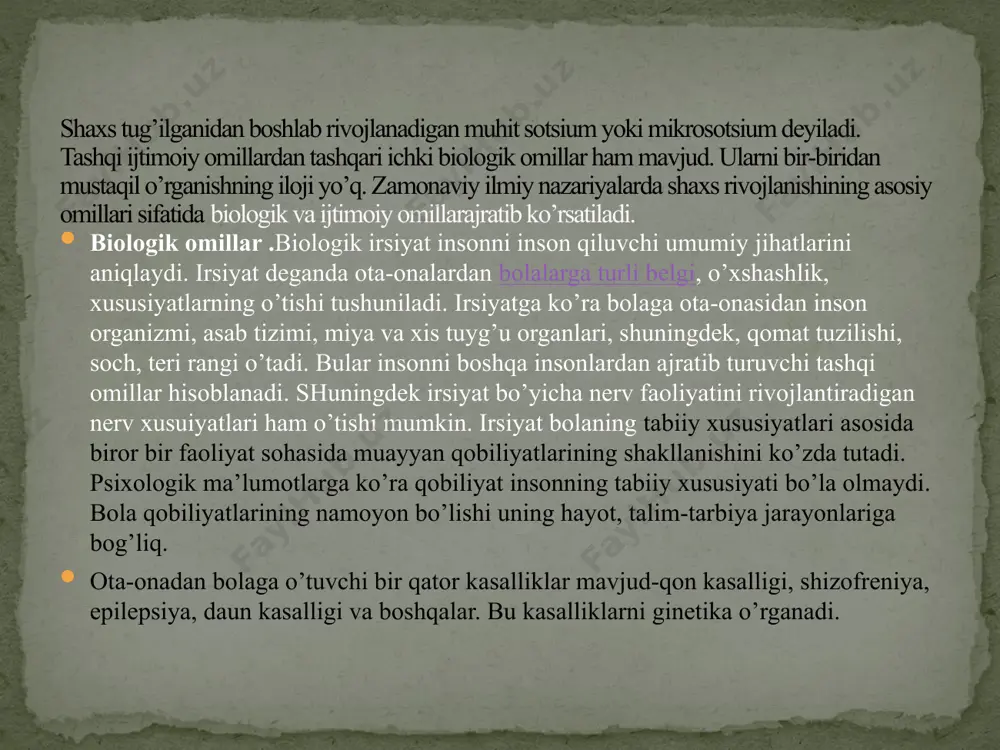 qitishning yangi metodlari joriy qilinmoqda va bu metodlar ularning aqliy rivojlanishga erishishlariga yordam beradi. jismoniy nuqsonli bolalar bilan maxsus pedagoglar shug’ullanishadi. bu bolalar o’z tengqurlari bilan muomalaga kirishganlarida jiddiy muammolarga duch kelishadi. bu esa ularning jamiyatga integratsiyalashuvlarini qiyinlashtiradi. shuning uchun bunday bolalar bilan ijtimoiy pedagogik ish olib borishning asosiy maqsadi bolaga tashqi olam bilan aloqa qilish kanallarini ochishdir. ijtimoiy omillar. insonning biologik mavjudotdan ijtimoiy sub’ektga aylanishi, uning ijtimoiylashuvi, jamiyatga integratsiyasi natijasida sodir bo’ladi. bu jarayon shaxsning ijtimoiy ahamiyatga ega xislatlari asosida shakllanadigan qadriyat, ijtimoiy norma, xulq-atvor namunasi orqali amalga oshadi. ijtimoiylashuv insonning butun hayoti davomida kechadigan ko’p qirrali jarayondir. u ayniqsa bolalik va yoshlik davrida nihoyatda jadallik bilan kechadi. chunki aynan bolalikda asosiy ijtimoiy me’yorlar o’zlashtiriladi. bola ijtimoiylashuvida sotsium muhim ahamiyatga ega. bu ijtimoiy muhitni bola asta-sekinlik bilan o’zlashtiradi. agar bola tug’ilgandan keyin asosan oilada rivojlansa, uning keyingi rivojlanishi yangi va yangi muhitlar-maktabgacha ta’lim muassasalari, maktab, maktabdan tashqari tarbiya muassasalari, …