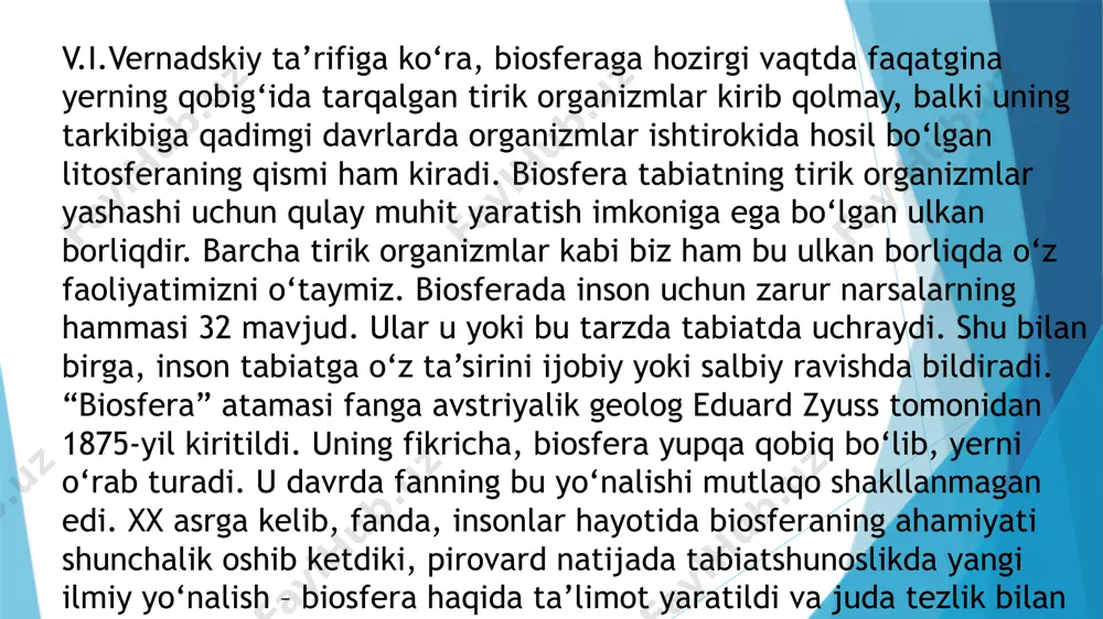a ta’sir ko‘rsatadi. dala yoki sahro joyidagi abiotik sharoitlardan o‘rmon massivi doirasidagi abiotik sharoitlarning o‘ziga xos xususiyatlari bilan qanchalar farq qilishi ma’lumdir. tirik organizmlarning o‘zaro ta’siri ularning bir-biriga nisbatan reaksiyasi nuqtayi nazaridan turkumlanadi. jumladan, geomotiv reaksiyalar ajratib ko‘rsatiladi. reaksiyalar deganda esa bir xil turdagi zotlarning (masalan, guruh samarasi, ozuqa joyini muhofazalash) o‘zaro tasiri va bir xil turlarning mustaqil yashovchilari o‘rtasidagi koalitsiyalar tushuniladi. 1. abiotik omillar organizmlarga muhitning fizik va kimyoviy jihatlari orqali ta’sir ko‘rsatadi. ularga quyidagilar kiradi:  iqlim, yorug‘lik, harorat, havo, namlik va shamol, bosim;  edafik: tuproqning mexanik va fizik-kimyoviy tarkibi, xossalari va h.k.;  topografik yoki orografik: relyef sharoiti – joyning balandpastligi va h.k.;  gidrologik: suv muhiti xususiyatlarining ta’siri. 2. biotik omillar organizmlarning turli shakllaridagi o‘zaro munosabatlari natijasidagi ta’siridir. ular quyidagicha ro‘y beradi:  fitogen – birgalikda yashayotgan o‘simliklarning bevosita va bilvosita ta’sirlari;  zoogen – hayvonlarning oziqlanishi, payhon qilinishi, changlatishi, meva va urug‘larini tarqatishi, muhitga …
