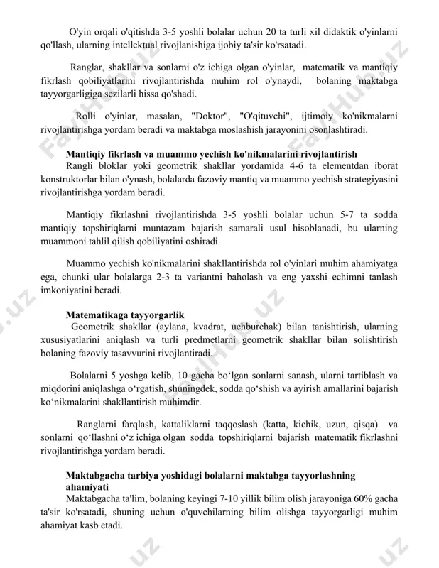 i. ranglar, shakllar va sonlarni o'z ichiga olgan o'yinlar, matematik va mantiqiy fikrlash qobiliyatlarini rivojlantirishda muhim rol o'ynaydi, bolaning maktabga tayyorgarligiga sezilarli hissa qo'shadi. rolli o'yinlar, masalan, "doktor", "o'qituvchi", ijtimoiy ko'nikmalarni rivojlantirishga yordam beradi va maktabga moslashish jarayonini osonlashtiradi. mantiqiy fikrlash va muammo yechish ko'nikmalarini rivojlantirish rangli bloklar yoki geometrik shakllar yordamida 4-6 ta elementdan iborat konstruktorlar bilan o'ynash, bolalarda fazoviy mantiq va muammo yechish strategiyasini rivojlantirishga yordam beradi. mantiqiy fikrlashni rivojlantirishda 3-5 yoshli bolalar uchun 5-7 ta sodda mantiqiy topshiriqlarni muntazam bajarish samarali usul hisoblanadi, bu ularning muammoni tahlil qilish qobiliyatini oshiradi. muammo yechish ko'nikmalarini shakllantirishda rol o'yinlari muhim ahamiyatga ega, chunki ular bolalarga 2-3 ta variantni baholash va eng yaxshi echimni tanlash imkoniyatini beradi. matematikaga tayyorgarlik geometrik shakllar (aylana, kvadrat, uchburchak) bilan tanishtirish, ularning xususiyatlarini aniqlash va turli predmetlarni geometrik shakllar bilan solishtirish bolaning fazoviy tasavvurini rivojlantiradi. bolalarni 5 yoshga kelib, 10 gacha bo‘lgan sonlarni sanash, ularni tartiblash …