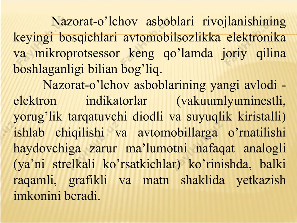 r, yon oynalar va radioantennani ko’tarish-tushirish mexanizmlari, o’rindiqlarni harakatlantiruvchi menanizmlar va hokozo. 3-rasm.elektromagnitli uyg’otish tizimidagi elektrodvigatel a). ko’ndalang kesim; b). elektr sxemasi; 1-yakor, 2-qopqoq. 3-murvat, 4- traversa, 5-va 14-plastinasimon prujinalar, 6-qistirma, 7-metallkeramik podshipnik, 8- kollektor, 9-cho’tka, 10-prujina. 11- korpus, 12- stator qutublari, 13- uyg’otish cho’lg’ami, 15-yakor vali, 16-almashlab ulagich, 17 va 18- uyg’otish chulg’ami g’altaklari. oynatozalagichlar avtomobilning old tomonidan (ba’zi avtomobillarda orqa tomonidagini ham) oynasini atmosfera yog’inlaridan (qor,yomg’ir) har xil iflosliklardan tozalash uchun xizmai qiladi. matiz avtomobilining oldingi pesh oynasini (chap va o’ng tarafni) tozalash moslamasi: sinxron xarakatlanuvchi cho’tka richagi 3 cho’tka 4, yuritma 2, reduktorli elektr dvigateli 1, hamda oyna yuvish jamlamasi 5 dan iborat. yuvish jamlamasi: suv quyish bachogi 6, elektr yuritmali nasos 8, suv o’tkazish quvurlari 9 va 11 hamda suv sepkich 10 dan tashkil topgan. 4-rasm. oyna tozalagich elektr motorni tuzilishi. nazorat savollari. 1.o’lchov-nazorat asboblarining rivojlanish istiqbollarini tushuntiring? 2. tovushli darakchilarni tuzilishi va ishlash printsipni tushuntiring …