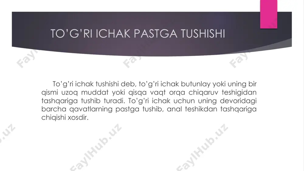 irqilgan tasma, erkin teri laxtaklari, rezina tasmalardan foydalanish taklif etilgan rektokoplastika operatsiyasi uchun chanoqdan cho’zilgan to’g’ri ichakni choklar yordamida dumg’azaga (oraliqqa) zerenin-kyummel bo’yicha osib va biriktirib qo’yish yoki qorin pardani kesgandan so’ng uning ustidan yonbosh fassiyasiga tikib qo’yish (lenorman bo’yicha) dan foydalaniladi zerenin-kyummel operatsiyasi delorma operatsiyasi e’tiboringiz uchun rahmat! image1.jpeg image2.jpg image3.png image4.jpg /docprops/thumbnail.jpeg