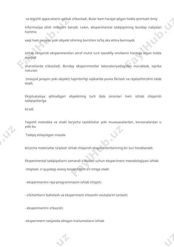 nadigan parametrlar tavsifi va talab etilayotgan aniqlikdan kelib chiqib tanlanadi. qoidaga ko’ra, standart, yalpi ishlab chiqiladigan o’lchash vositalari (mamlakatda, chet elda ishlangan)dan foydalaniladi. ayrim hollarda kamyob o’lchovlar pribor va apparatlari bunyod etiladi. eksperiment o’tkazishning mazmun va tartibi - metodikaning markaziy qismi. unda eksperiment o’tkazish jarayoni to’la loyihalanadi: - kuzatish va o’lchash operasiyalarini o’tkazish ketma-ketlikda tuziladi; - eksperiment o’tkazishning tanlangan vositalarini hisobga olgan holda har bir operasiya ayrim- ayrim mufassal tavsiflanadi; - operasiyalar sifatini nazorat qilishda qo’llanadigan usullar tasvirlanadi; - kuzatish va o’lchash natijalarini yozshi uchun daftar tutiladi . eksperimental ma’lumotlarni ishlab chiqish va tahlil qilish usullarini asoslash metodikani muhim bo’limi hisoblanadi. eksperimentlarning natijalari namoyish etishning ko’rgazma shakliga keltirilishi lozim (jadvallar, grafik, nomogrammalar va h. k.) toki ularni qiyoslash va tashkil qilish mumkin bo’lsin. alohida e’tibor ishlab chiqish matematik usullari - empirik bog’liqlik, faktorlar va chiqish parametrlari o’rtasidagi aloqa approksimasiyasi, mezonlar, ishonchli intervallar o’rnatish va b. ga qaratiladi. eksperiment metodikasi ishlab …