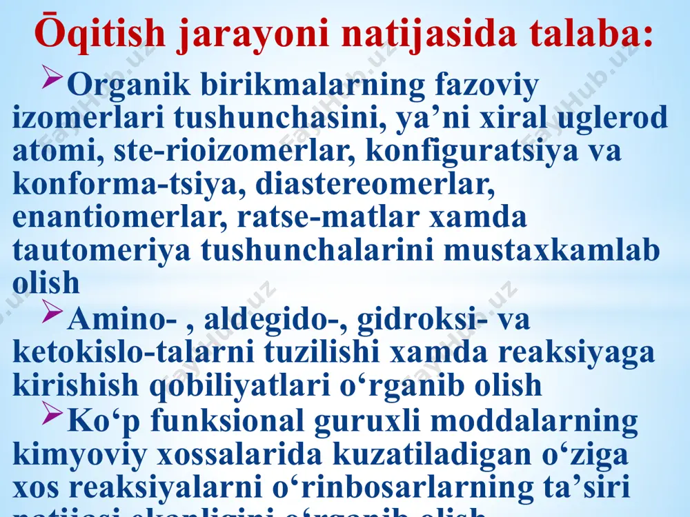 molekulalararo degidratlanishi tajriba 1. atsetilsalitsil kislotaning gidrolizi. maqsad: atsetilsalitsil kislotani gidrolizi natijasida fenol guruxi xosil bо‘lishini isbotlash. № tadbir baja- ril- madi tо‘liq va tо‘g‘ri bajarildi 1. probirka olinadi 0 1,0 2. probirkaga ozgina aspirin kristallaridan solinadi 0 2,0 3. aspirin ustiga 5-6 tomchi suv qо‘shiladi 0 2,0 4. aralashmaga 3-4 tomchi fecl3 eritmasidan qо‘shiladi 0 2,0 5. kuzatilgan natija, reaksiyalar va xulosalar daftarga yoziladi 0 3,0 jami: 0 7,0 tajriba 2. aspiringa sifat reaksiyasi maqsad: atsetilsalitsil kislotani tarkibida fenol guruxi yо‘qligini isbotlash. № tadbir baja- ril- madi tо‘liq va tо‘g‘ri bajarildi 1 quruq probirka olinadi 0 1,0 2 probirkaga ozgina maydalangan aspirin bо‘lakchalaridan solinadi 0 2,0 3 probirkaga 3-4 tomchi fecl3 eritmasidan solinadi 0 3,0 4 kuzatilgan natija va xulosalar daftarga yoziladi 0 4,0 jami: 0 10,0 tо‘yingan uv ni nukleofil о‘rin olish reaksiyalarini mexanizmini о‘rganish 3-tajriba. etil spirtidan etilxlorid olish № tadbir baja-ril-madi tо‘liq va tо‘g‘ri bajarildi 1 …