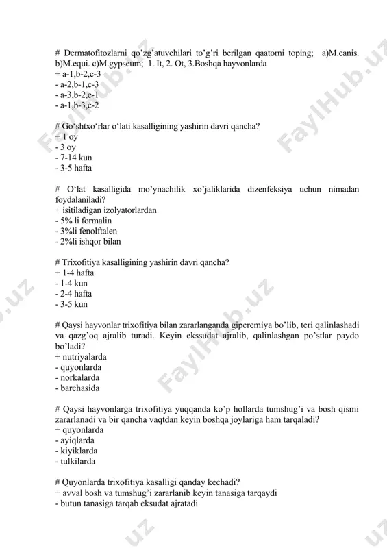 davri quyonlarda qancha davom etadi? + 48-120 soatgacha - 48-120 kungacha - 1-3 kungacha - 7-12 kungacha # trixofitiya kasalligida ltf-130 preparati qanday maqsadda qo’llaniladi? + davolash va oldni olish - davolash - oldini olish - bu preparat trixofitiyada qo’llanilmaydi # virusli gemorragiya kasalligi qo’zg’atuvchisi qaysi? + rnk li virus - dnk li virus - bakteriya - bir hujayrali parazit # virusli gemmoragiya kasalligi qo’zg’atuvchisi qaysi oilaga mansub? + caliciviridaye oilasiga - salmonella oilasiga - paramyxoviridae - streptakokklarga mansub # nosog’lom xo’jaliklardagi qanday quyonlar kasallanmaydi? + 1.5 oylikkacha bo’lganlari - 2 oylikkacha bo’lganlari - 2.5 oylikkacha bo’lganlari - 3.0-3.5 kg bo’lganlari # quyonlar qaysi kasallikda og’iz-burnidan ko’pikli qon ketib chiyillagan toyush chiqarib o’ladi? + virusli gemorragiya - quturish - trixofitiya - o’lat # virusligemorragiya kasalligida yashin tezligida kechganda qancha vaqtda quyonlarning o’lishiga olib keladi? + bir necha sekunddan 1-2 soatgacha - 1-2 kunda - 1-2 haftada - bu kasallik o’limga …