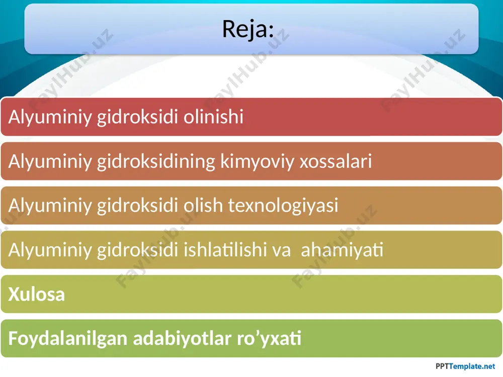 chukmasi xosil bo'ladi. [al3+][oh-]3 = 8× 10-32 mol4/l4 dir. al(oh)3 kislota kabi dissasilanish alyuminiy gidroksid al(oh)3 alyuminiyning reaktivligi uning tabiiy oqishini sof shaklda to'sadi. buning o'rniga u boksit deb ataladigan javharda mavjud. sanoat dunyosida alyuminiyni ishlatish uchun boksit bayer jarayoni deb ataladigan tozalash jarayonidan o'tishi kerak. ionlari zaryadga ega. bu degani atomlar elektrondan uch protonga ega. elektrlarni alyuminiy ionlariga qo'shish uchun, tozalash jarayonida katta miqdorda elektr energiyasi talab qilinadi. 2al + 6al2o3 = 2al (oh)3 + 3h2 faol (aktiv) alyuminiy oksid (al2o3) alyuminiy oksidining bu shakli neftni qayta ishlash sanoatida keng qo‘llaniladi, ayniqsa riforming, gidrotozalash, gidrokreking jarayonlarida ishlatiladigan katalizatorlarning 80-99% ini (al2o3) tashkil etadi. faol alyuminiy oksidini olish uchun alyuminiy gidroksidni 5000c da qizdirib (gibbsitning, bayeritning, nordstranditning) uchgidratli yoki (diasporning, kristallangan bemitning, psevdobemitning) monogidratli shakllarini qizdirib olish mumkin. 2al(oh)3 = al2o3 + 3h2o; 2alooh = al2o3 + h2o. alyuminiy gidroksidining kristall panjarasining fazoviy ko’rinishi kerakli reaktivlar, idishlar, asbob va uskunalari: …