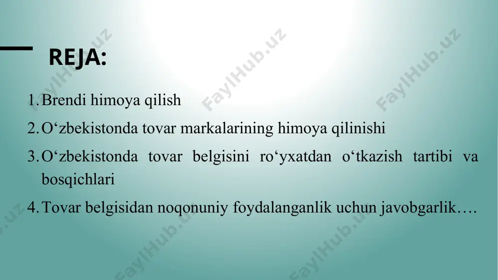atchilik bilan ishlash (pr) brend imidjini doimiy ravishda rivojlantirish va mijozlar ishonchini qozonish uchun jamoatchilik bilan ishlash strategiyasiga e’tibor qarating. soxta yoki noqonuniy mahsulotlar bilan bog‘liq salbiy fikrlar keng tarqamasligi uchun mijozlar bilan doimiy muloqotda bo‘ling, rasmiy kanallarda izoh bering va ishonchli ma’lumotlarni yetkazib turing. 6. ichki protseduralar va xodimlar malakasi xodimlarni brend siyosati, tovar belgilaridan foydalanish qoidalari bilan tanishtiring. kompaniya ichki me’yoriy hujjatlarida brend bilan bog‘liq masalalarni ko‘rib chiqish, risola va yo‘riqnomalar ishlab chiqing. brend himoyasi — uzoq muddatli muvaffaqiyat uchun eng muhim omillardan biri. kompaniyangizning brendi bozorda qancha kuchli va obro‘li bo‘lsa, unga nisbatan raqobatchilar va qalbakilashtiruvchilar tomonidan qilinadigan hujumlar xavfi shunchalik yuqori bo‘ladi. shu bois, brendni ro‘yxatdan o‘tkazish, doimiy monitoring va huquqiy choralar — brendni barqaror himoya qilish hamda rivojlantirishning asosiy kaliti hisoblanadi. “tovar belgilari, xizmat koʻrsatish belgilari va tovar kelib chiqqan joy nomlari toʻgʻrisida”gi oʻzbekiston respublikasi qonuni ushbu qonun tovar belgilari (savdo markalari)ni roʻyxatdan oʻtkazish, ularga …