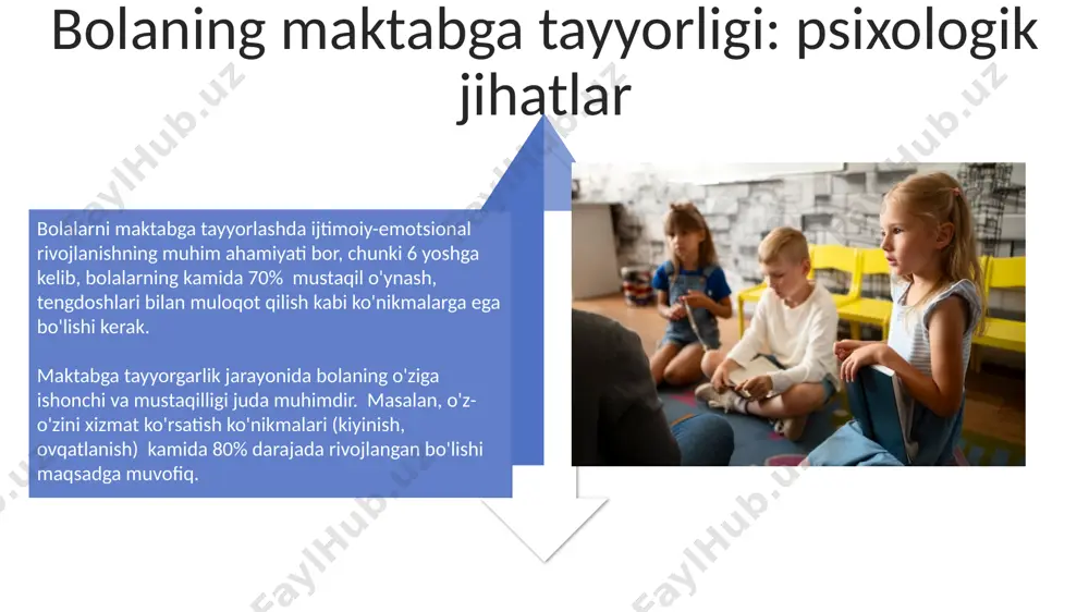 yatlarni simulyatsiya qilib, yangi ijtimoiy kontekstga moslashish uchun zarur bo'lgan hissiy-ruhiy tayyorgarlikni oladi. psixologik yordam: mutaxassislar bilan maslahatlashish o'zbekistonda bolalar psixologlari bilan onlayn va oflayn konsultatsiyalar mavjud bo'lib, narxlar o'rtacha 150.000 so'mdan 300.000 so'mgacha o'zgarib turadi, sessiyalar davomiyligi esa odatda 45-60 minutni tashkil etadi. 5-7 yoshdagi bolalar uchun mutaxassislar bilan 3-5 ta uchrashuv stressni kamaytirish va maktabga moslashishni yaxshilash uchun etarli bo'lishi mumkin; individual yondashuv juda muhim. ota-onalarning roli: bolani maktabga tayyorlashda ota-onalarning bolani maktabga psixologik jihatdan tayyorlashdagi roli 60% ni tashkil etadi va bu erda muntazam ijobiy munosabatlar, maqsadli suhbatlar va qo'llab-quvvatlash muhim omillar hisoblanadi. bolalar bog'chasida olingan ijtimoiy ko'nikmalar, o'z-o'zini boshqarish qobiliyati (7 yoshga kelib kamida 3 soat mustaqil o'yin o'ynashi) maktabga moslashish jarayonini sezilarli darajada osonlashtiradi. mustaqillik va o'z-o'zini boshqarish ko'nikmalarini rivojlantirish mustaqillik ko'nikmalarini rivojlantirishda 3-5 yoshli bolalarga kundalik vazifalarni, masalan, o'yinchoqlarini yig’ishtirish yoki kiyimlarini o’zlari kiyishni o’rgatish muhim, bu ularning o’z-o’zini boshqarish qobiliyatlarini 20-30% ga oshiradi. …