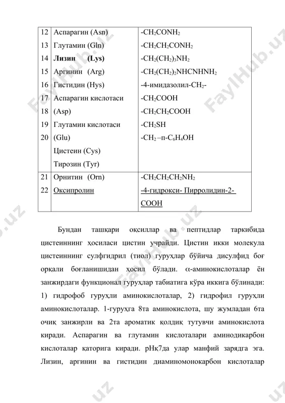 лота, ёки ишқорий шароитда, масалан, 5 н. ли натрий гидроксид, 14% ли барий гидроксид эритмалари ёрдамида, ҳамда ферментатив усул билан олиб борилади. оқсиллар гидролиз қилинганда аминокислоталар аралашмаси ҳосил бўлади. оқсилларнинг кислотали гидролизи мақбулроқдир, чунки ишқорий гидролиз жараёнида аксарият аминокислоталар, парчаланиб кетади. оқсиллар ва пептидларнинг кислотали гидролизи одатда кавшарланган ампулада, вакуум шароитида ёки инерт газ муҳитида 24 соат давомида 20 %ли хлорид кислота билан 110 ос ҳароратда олиб борилади. бундай усул билан деярли барча пептидлар ва оқсилларни гидролиз қилиш мумкин. айрим аминокислоталар кислотали муҳитда қисман ёки тўла ўзгаришга учрайди, масалан триптофан кислоталаи муҳитда тўла парчаланиб кетади. кислотали гидролизнинг механизмини умумий тарзда қуйидагича ифодалаш мумкин: h--oқ-h hқ hoh -co-nh- -cқ-nh- - c- nh- oh oh oh oh -c-nh2қ- - cқ қ h2n- -cooh қ h2n- oh oh –hқ гидролиз натижасида аминокислоталар (тўла гидорлиз), ёки нисбатан кичик занжирли пептидлар (қисман гидролиз) аралашмаси ҳосил бўлганлиги учун уларни бир-биридан ажратиш зарур бўлади. ҳозирда ажратиш самарадор …