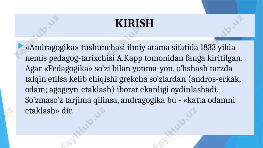 ’lim berishning o’ziga xos jixatlarini xam unutmaslik lozim. mazkur qaramakarshiliklar tufayli andragogika fanining asosiy joylashgan o’rni xam belgilanmagan. ayrimlar uni pedagogikani bir bo’iimi sifatida maktablarga pedagogika, boshlang’ich ta’lim nazariyasi va metodikasi, didaktika, oliy maktab pedagogikasi kabi fanlar qatoriga qo’shadi. boshqalar, o ’qitish ob’ekti sanaluvchi katta odamning o’ziga xos tabiatini nazarda tutgan xolda, andragogikani pedagogikadan aloxida soxa sifatida baxolaydilar. mazkur nuktai-nazar tarafdorlari andragogikaning integrativ tabiatiga aloxida urg’u beradilar. psixologlar katta yoshli ta’lim oluvchini o’quvchi yoki talabadan farqlab turuvchi 5 ta asosiy belgini ko’rsatadilar: birinchidan katta yoshli inson o’zini mustaqil, o’z-o’zini boshqaradigan shaxs sifatida anglaydi va uni boshqarish harakatiga ko’p xollarda tanqidiy munosabatda bo’ladi. ikkinchidan katta yoshli inson dunyoqarashni shakllantiradigan hayotiy,ijtimoiy, kasbiy tajribaning katta zahirasini to’playdi va kelayotgan har qanday axborotni shu tajriba nuqtai nazaridan baholaydi. uchinchidan, katta yoshli inson o’qishga amaliy yondashadi, o’qish yordamida xayotiy muammolarini hal etishga harakat qiladi. to'rtinchidan, o’quvchi yoki talabadan farqli ravishda, u olgan bilimlarini shu zahoti …