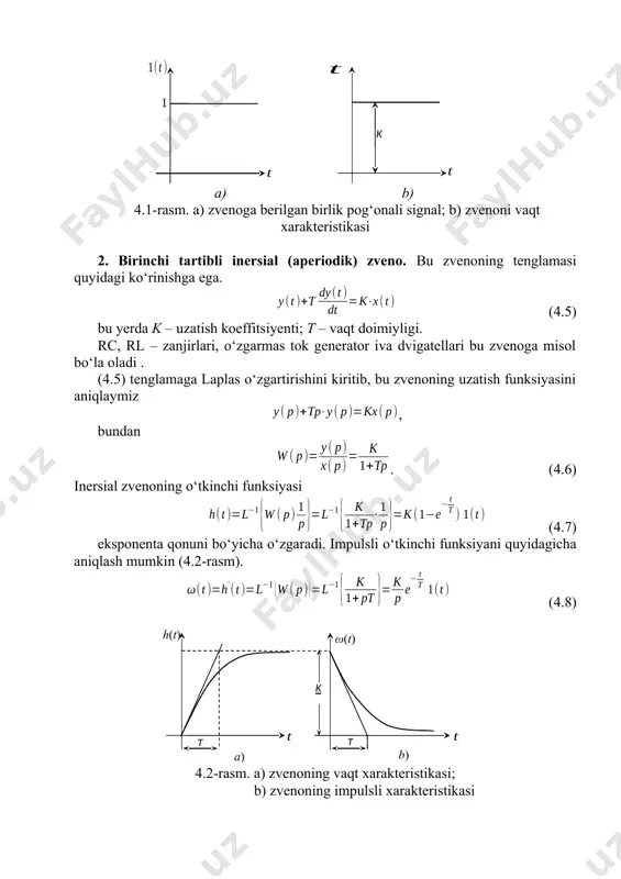 artirishini kiritib, bu zvenoning uzatish funksiyasini aniqlaymiz , bundan . (4.6) inersial zvenoning o‘tkinchi funksiyasi (4.7) eksponenta qonuni bo‘yicha o‘zgaradi. impulsli o‘tkinchi funksiyani quyidagicha aniqlash mumkin (4.2-rasm). (4.8) h(t) ω(t) k t t t а) b) 4.2-rasm. a) zvenoning vaqt xarakteristikasi; b) zvenoning impulsli xarakteristikasi 1. ideal integrallovchi zveno. bu zveno , (4.9) tenglama bilan ifodalanadi. bu yerda k – uzatish koeffitsiyenti. unga elektr sig‘im, induktivlik, aylanma o‘q va h.k. misol bo‘la oladi. (4.9) tenglamaning laplas bo‘yicha tasviri quyidagi ko‘rinishga ega: , (4.10) zvenoning uzatish funksiyasi (4.11) bu zvenoni yana astatik zveno deb ham yuritiladi. integral zvenoning o‘tkinchi funksiyasi (4.12) va impulsli o‘tkinchi funksiyasi (vazn funksiyasi) 4.3-rasmda keltirilgan. (4.13) h(t) ω(t) k а) b) аrctgk 4.3-rasm. a) zvenoning vaqt xarakteristikasi; b) zvenoning impulsli xarakteristikasi 4.1-misol. dinamik zvenoning uzatish funksiyasi quyidagicha berilgan bo‘lsin: (4.14) o‘tish xarakteristikasi quyidagicha ifodalanadi: (4.15) o‘tish xarakteristikasini aniqlashda uzatish funksiyasini uch qismga ajratib olamiz: (4.16) bundan tenglamaning …