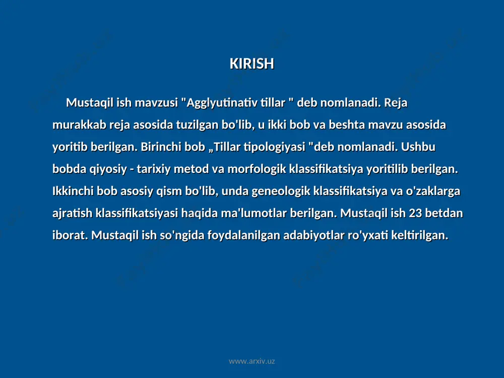 -chi - lar - dan, dars - lik - lar - ni. 5.so'zlarning grammatik shakllarini yasashda suppletiv hodisasi deyarli uchramaydi. 6.ko'pchilik agglyutinativ tillarda so'z tartibi nisbatan qat'iy. lekin bu qat'iylik analitik flektiv tillardagi sabablar bilan tushuntirilmaydi. so'z tartibining buzilishi hamma vaqt ham so'z funksiyasining o'zgarishiga olib kelmaydi; qat'iy so'z tartibi ko'proq til an'anasi bilan bog'liq. masalan, o'zbek tilida oddiy gaplardagi so'z tartibi quyidagicha: ega - toidiruvchi - kesim. www.arxiv.uz www.arxiv.uz 7.so'zlarga qo'shiladigan affikslar o'zakka ma'lum tartib asosida qo'shiladi. agglyutinativ tillarni o'rganuvchilar ularning grammatik tuzilishidagi bu xususiyatni hisobga olishlari kerak. 8.agglyutinativ tillar affikslarning o'zakdan oldin yoki keyin turishiga ko'ra prefiksal agglyutinativ tillar va postfiksal agglyutinativ tillarga bo'linadi. turkiy tillar postfiksal agglyutinativ tillardir. afrikadagi suaxili tili prefiksal tildir. masalan: anamataka so'zida uchta prefiksdan keyin o'zak o'rin olgan, ya'ni a-na-m- ataka (u buni xohladi). www.arxiv.uz www.arxiv.uz yuneskoning axborotiga ko'ra hozirgi kunda dunyoda 5600 dan ortiq til mavjud. bu tillarning rivojlanish darajasi va jamiyatda …