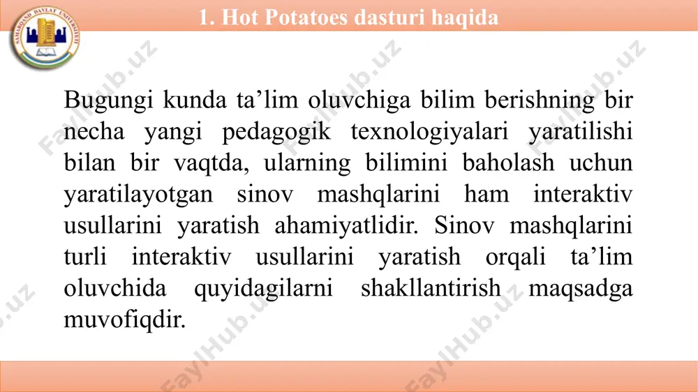 n). alternativ sinov mashqida ta’lim oluvchi javob variantlaridan birini tanlaganida quyidagi holat yuz beradi. agar javob to’g’ri bo’lsa, :-) (smayl) aks holda x belgisi chiqadi. shu bilan birga ta’lim oluvchi berilgan javob nima uchun to’g’ri yoki noto’g’riligi haqida izohni ko’rishi mumkin. agar javob noto’g’ri berilgan bo’lsa, ta’lim oluvchi to’g’ri javobni topgunicha tanlashda davom etadi. baholash albatta mos ravishda urinish sonlariga nisbatan belgilanadi. ta’lim oluvchi to’g’ri javob berishi bilan bahosi belgilanadi 2. jquiz dasturida to’rt xil turdagi sinov mashqlarini tashkil qilish 2. jquiz dasturida to’rt xil turdagi sinov mashqlarini tashkil qilish jquiz ning qisqa javobni yozish sinov mashqi ko’rinishida esa, ta’lim oluvchi javobni yozishi kerak bo’ladi 2. jquiz dasturida to’rt xil turdagi sinov mashqlarini tashkil qilish gibrid sinov mashqida alternativ savol bilan qisqa javobni yozish mashqi kombinatsiyalashadi. ya’ni ta’lim oluvchi bir necha hint yordamchi tugma urinishlardan so’ng ham javobni yozishda qiynalsa, check tugmasini bosishi bilan savol alternativ ko’rinishda namoyon bo’ladi. albatta …