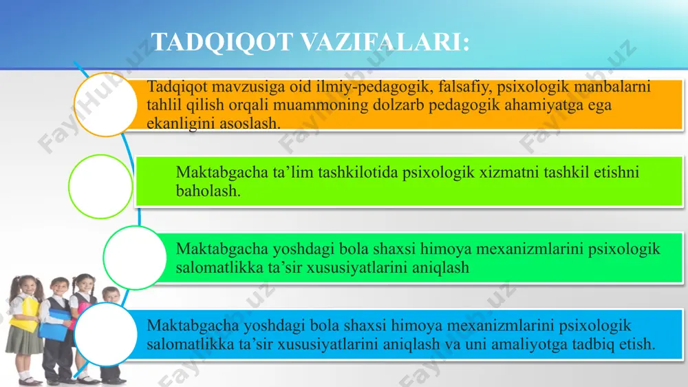 oli, ismi, muloqot vaqtida noxush yoqimsiz xotiralarning esga tushurilishi kabi holatlar va hokazo inkor etish individning voqea va hodisalarni adekvat tarzda idrok qilmasligi, inkor etishi va o’zi haqidagi bilimlarini “men bu haqda hech nimani bilmasdim”, “bu meniki emas”, “menga shunday aytdilar”, “men bunday aytmagan edim” kabi bahonalar bilan ifoda etishi diskreditatsiya xabar manbalarining past baholash “men-timsol”, “hamma gapirsa ham, sen gapirma”, “kim hakam?” kabi gaplar bilan shaxsni kamsitish va unga past baho berish identifikatsiya o’zini boshqa odam bilan va namunali xulq-atvorga ega guruh bilan solishtirish o’z xulq –atvori va munosabatini atrofdagilar bilan taqqoslab, hayot tarzini yengillashtirish konversiya (o’zgarmoq) “men”ligi yuqoriligini saqlab qolib o’ziga noxush holatlarni, vaziyatlarni hazilga yoyadi va muomalada bo’ladi hamda berilgan tanbehlarni hazil, deb qabul qiladi. iii bob. maktabgacha yoshdagi bola shaxsi himoya mexanizmlarini psixologik salomatlikka ta’sir xususiyatlari bo’yicha tajriba – sinov ishlari 3.1. maktabgacha yoshdagi bola shaxsi himoya mexanizmlarini psixologik salomatlikka ta’sir xususiyatlari bo’yicha tajriba-sinov ishlarining mazmuni …