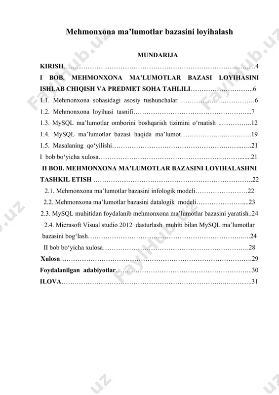 aroitda turizm sohasida raqobat muhiti mavjud boʻlib, bozor munosabatlarining murakkabligiga qaramay, oʻzbekistonda qator turistik firmalar va mehmonxonalar tashkil etilmoqda, lekin ularning koʻpchiligi ma’lum vaqtdan soʻng raqobatga dosh berolmay turizm bozoridan chiqib ketmoqda. statistik ma’lumotlarga koʻra, respublikada 2010 yilda 374 ta mehmonxona faoliyat koʻrsatgan boʻlsa, 2011 yilga kelib ularning soni 254 tani tashkil qilgan, shuningdek turistik firmalar soning kamayishi ham bu xolni tasdiqlaydi. ma’lumki, turizm sohasida mehmonxona xizmatlari alohida oʻrin egallaydi. mehmonxonalarda taklif etiladigan xizmatlar assortimenti va sifatini oshirish, uning raqobatbardoshligini ta’minlash turizm sohasining dolzarb muammolaridan biridir. mavzu dolzarbligi. mehmonxona tarmoqlari ma’lumotlar bazasini ishlab chiqib koʻplab muammolarni xal qilish mumkin. masalan: · barcha ma’lumotlar elektron tarzda boʻladi · mehmonxonalarning ma’lumotlar bazasi, ma’lumot saqlanishi va oʻzgartirishlarning barchasi elektron tarzda boʻladi · avtomatlashtirish tizim yaratilgandan keyin xarajatlar kamayadi · ish jarayoni qulaylashadi bu kabi ishlar hozirgi kunda yurtimizning barcha joylarida, barcha sohalarida amalga oshirilayotganligi bizni yanada quvontiradi. kurs ishining maqsad va vazifalari. ushbu …