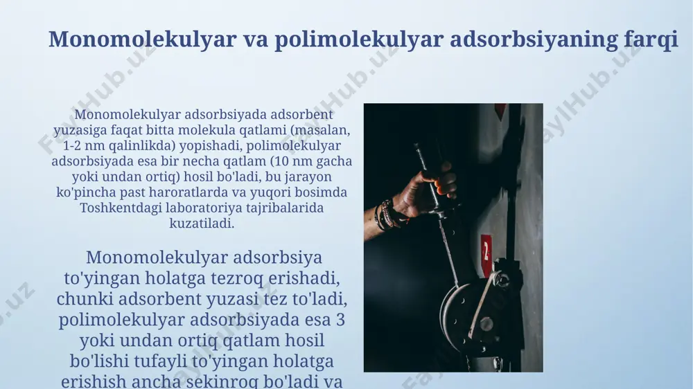 bentlar yuqori sirt maydoniga ega bo'lib, suv molekulalarini, shuningdek, organik birikmalarni samarali adsorbtsiya qilish imkonini beradi, bu esa suv tozalashda qo'llanilishini ta'minlaydi. tabiiy zeolitlar, masalan, klinoptilolit (o'zbekistonning qo'shimcha konlarida uchraydi), o'zgaruvchan ion almashinuvi xususiyatlariga ega bo'lib, qattiqlik tuzlari va og'ir metallarni selektiv ravishda adsorbtsiyalaydi, bu esa suvni yumshatishda va tozalashda ishlatiladi. adsorbat molekulalarining o'zaro ta'siri 500 k haroratda, silisium oksidi yuzasida metanol molekulalarining adsorbsiyasi, monte-karlo simulyatsiyasi orqali o'rganilgan bo'lib, ularning o'zaro vodorod bog'lari hosil qilish orqali klasterlar shakllanishini ko'rsatdi. toshkent shahridagi olimlar tomonidan o'tkazilgan tajribalarda, ikki xil adsorbat molekulalarining aralashmasi bo'lgan 1:3 nisbatdagi sistemada, kompetitsiv adsorbsiya kuzatilib, birinchi turdagi molekulalar yuqori bog'lanish energiyasiga ega ekanligini aniqlandi. e'tiboringiz uchun rahmat @taqdimot_robot image4.png image5.jpg image6.jpg image7.jpg image8.jpg image9.jpg image10.jpg image11.jpg image12.jpg image13.jpg image3.jpeg