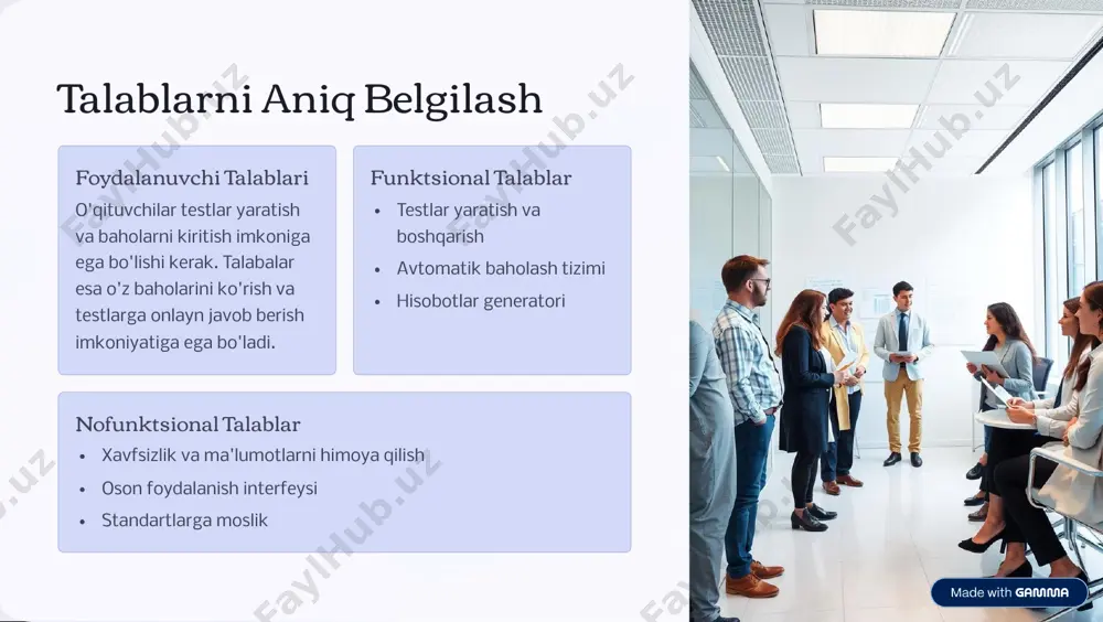 lar raqamli tipda, talabalar ma'lumotlari matnda saqlanadi. xavfsizlik ma'lumotlarning maxfiyligi va yaxlitligi uchun autentifikatsiya, vositalar va shifrlash choralari joriy etiladi. https://gamma.app/?utm_source=made-with-gamma foydalanuvchi interfeysini loyihalash o'qituvchilar uchun test yaratish va sozlash baholarni kiritish va tahrirlash hisobotlarni ko'rib chiqish talabalar uchun shaxsiy baholarni ko'rish testlarga ishtirok etish o'qituvchilar bilan aloqa ma'muriyat uchun tizimni boshqarish foydalanuvchi huquqlarini boshqarish hisobotlarni eksport qilish https://gamma.app/?utm_source=made-with-gamma test va baholash modullari avtomatik testlash testlarni avtomatlashtirish uchun algoritimlar tuziladi, bu jarayonlarni tez va aniq amalga oshirish imkonini beradi. baholash usullari ball tizimi foiz hisoblash reyting shakllantirish tahlil imkoniyatlari baholash natijalari statistik tahlil qilinib, o'qituvchilarga va talabalar uchun samarali feedback taqdim etadi. https://gamma.app/?utm_source=made-with-gamma hisobotlar va tahlillar o'zlashtirish darajasi talabalar bilimining har bir bosqichi bo8yicha batafsil hisobotlar ishlab chiqiladi. analitik hisobotlar talabalar va fanlar bo'yicha tahlillar, kuchli va zaif tomonlarni aniqlash uchun ishlatiladi. eksport imkoniyatlari hisobotlar .pdf, .xlsx formatlariga eksport qilinib, ta9lim jarayonini yanada qulaylashtiradi. https://gamma.app/?utm_source=made-with-gamma tizimni sinovdan o'tkazish modulli sinovlar …